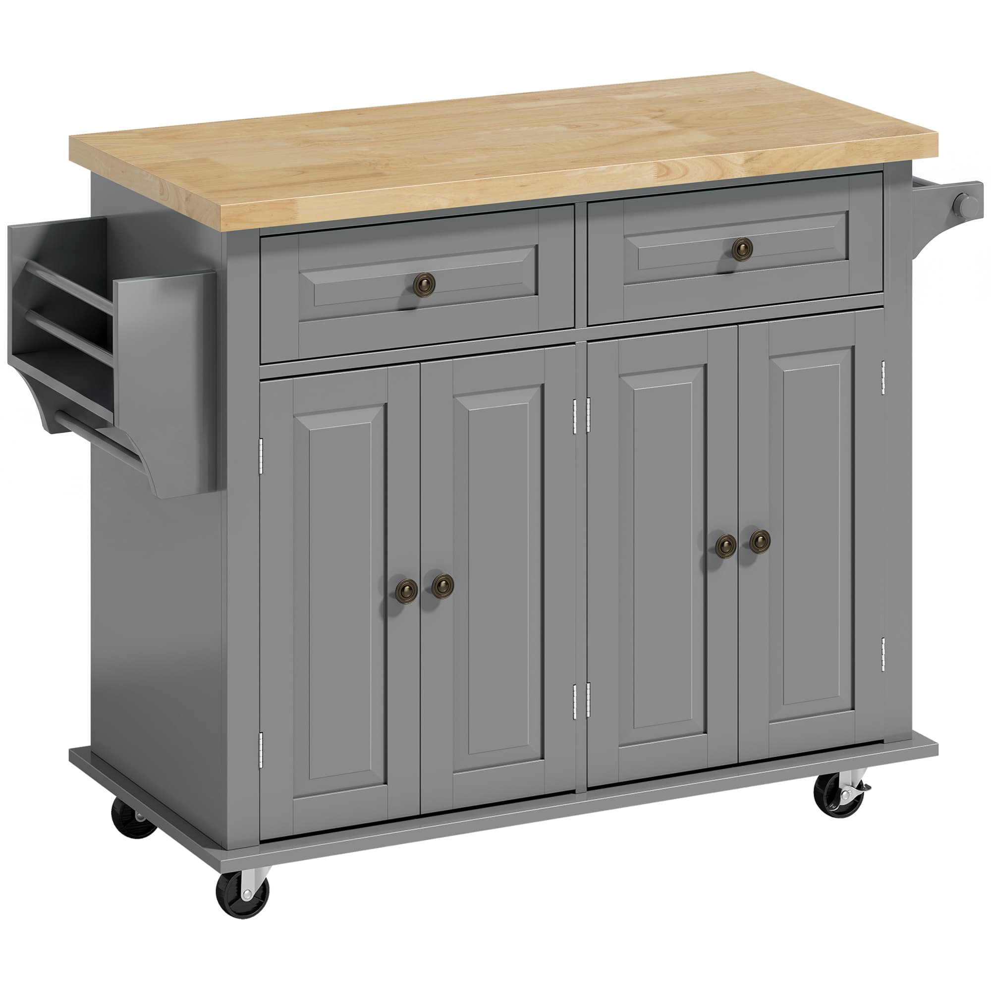 HOMCOM Rolling Kitchen Island Storage Trolley with Rubber Wood Top & Drawers for Dining Room, Grey | Aosom UK