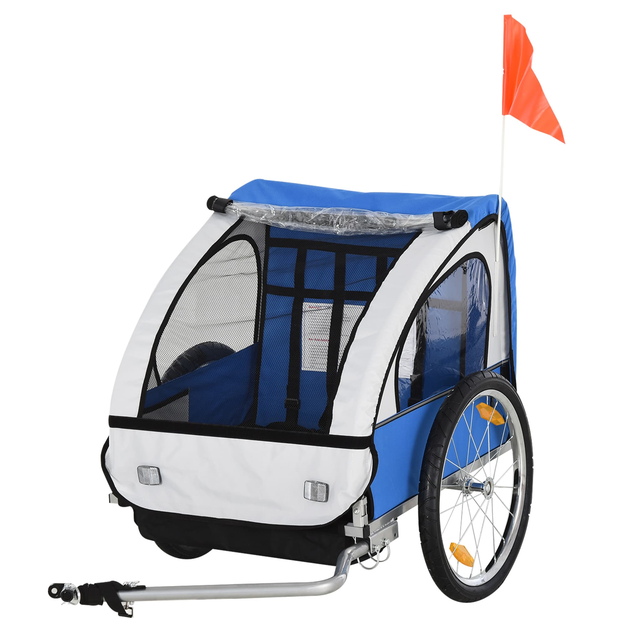 HOMCOM 2 Seat Bike Trailer Bicycle wagon for Kids Child Steel Frame Safety Harness Seat Carrier Blue White 130 x 76 x 88 cm