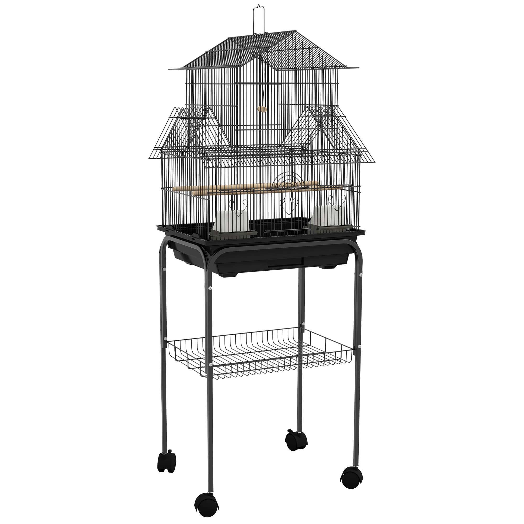PawHut Bird Cage with Stand, Swing Perch and Food Tray, Metal Aviary for Finch Canary Budgie, 50.5 x 40 x 63cm, Black