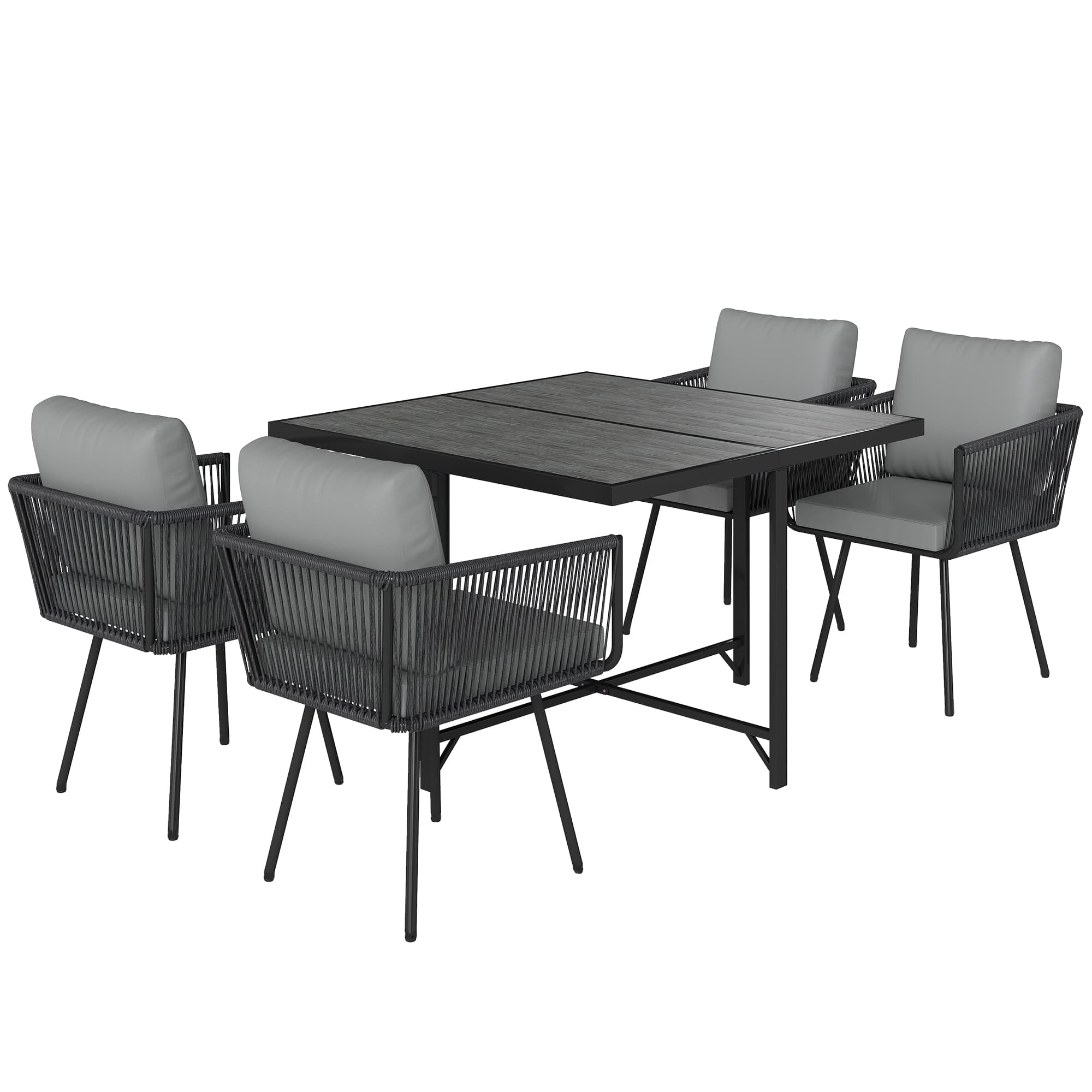 Outsunny 5 Piece Garden Furniture Set, Garden Dining Set with Wood-Plastic Table and 4 Stackable Chairs, Light Grey