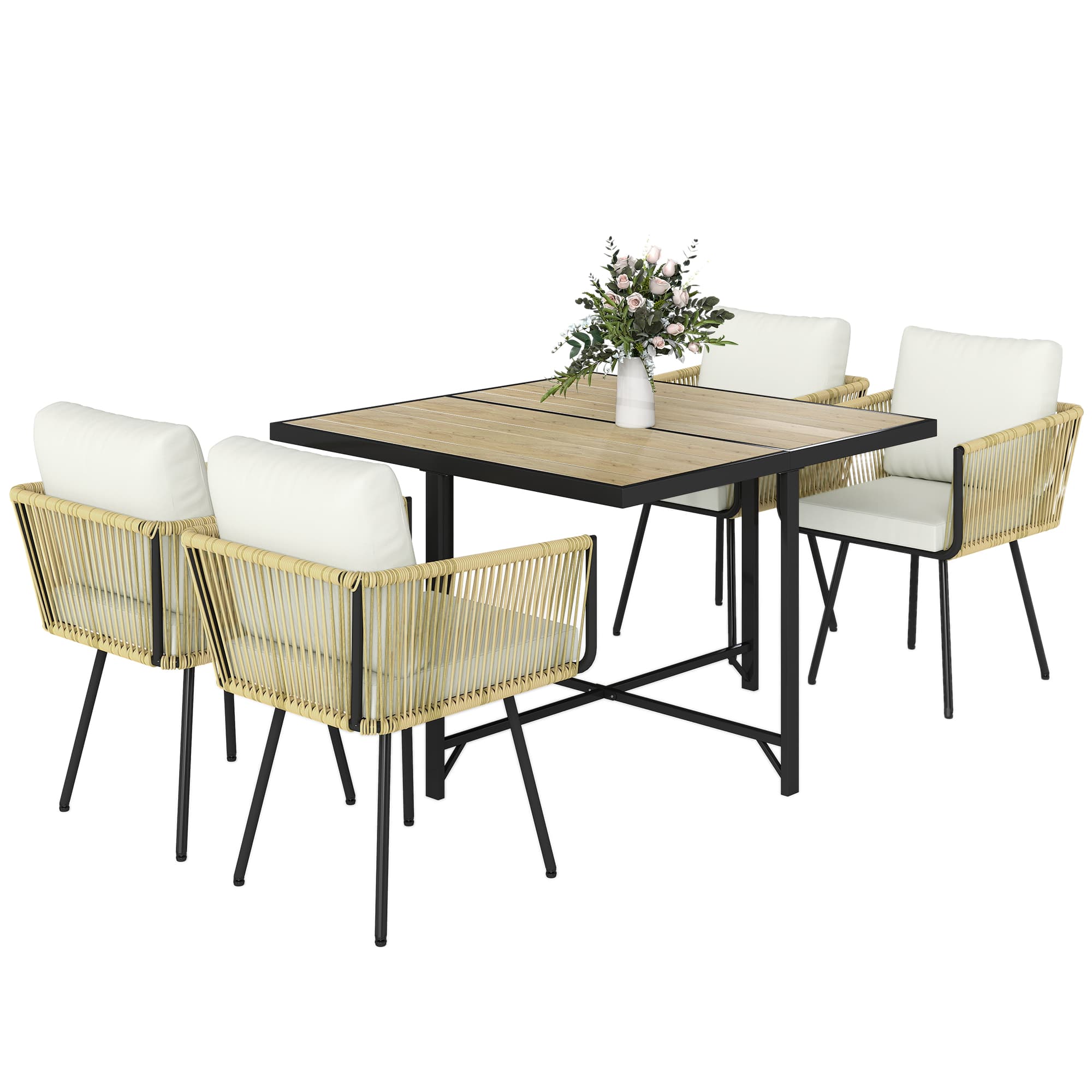 Outsunny 5 Piece Garden Furniture Set, Garden Dining Set with Wood-Plastic Table and 4 Stackable Chairs, Beige