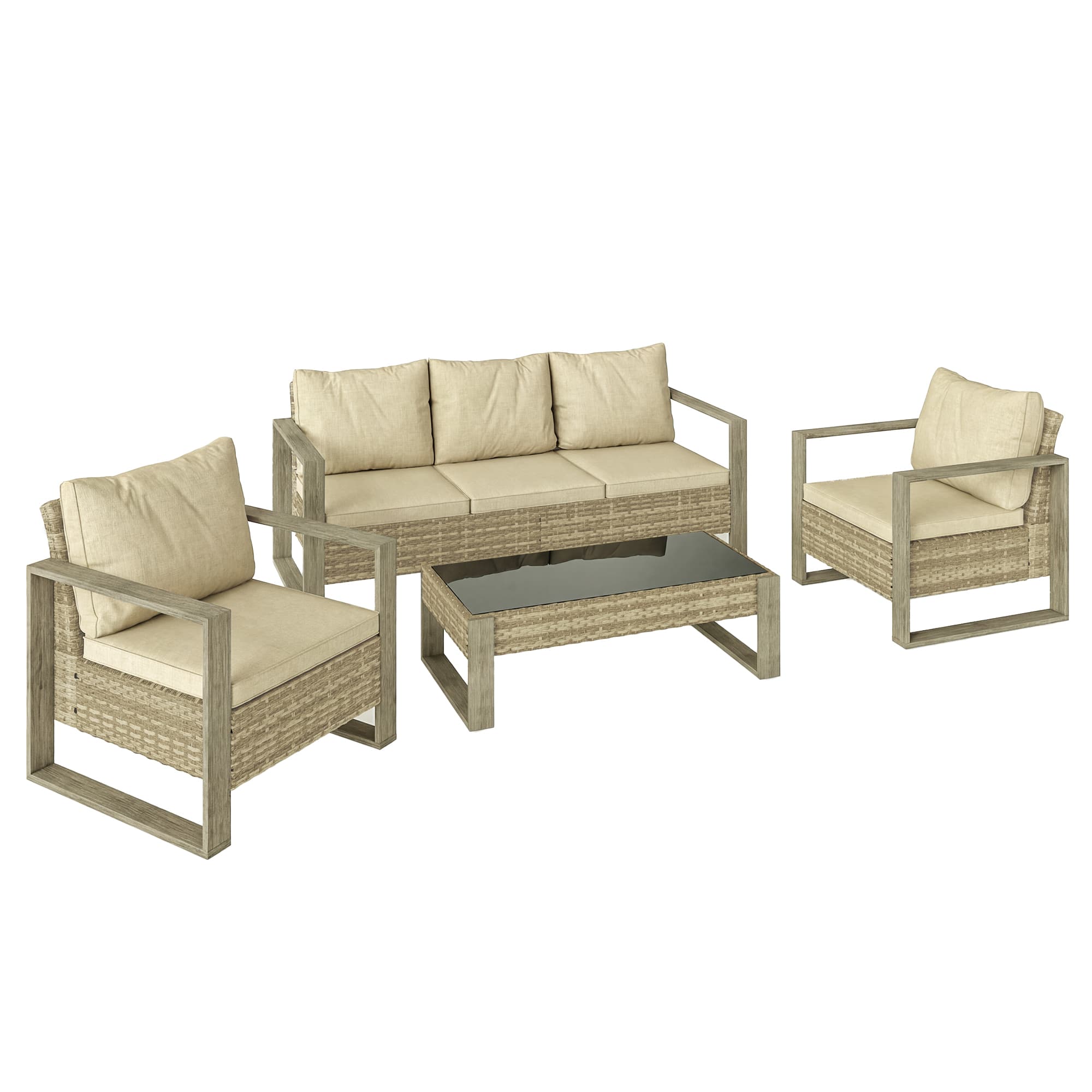 Outsunny 4 Piece Rattan Garden Furniture Set with 3-Seater Sofa, Armchairs, Table, Aluminium Frame Patio Conversation Set, Khaki | Aosom UK