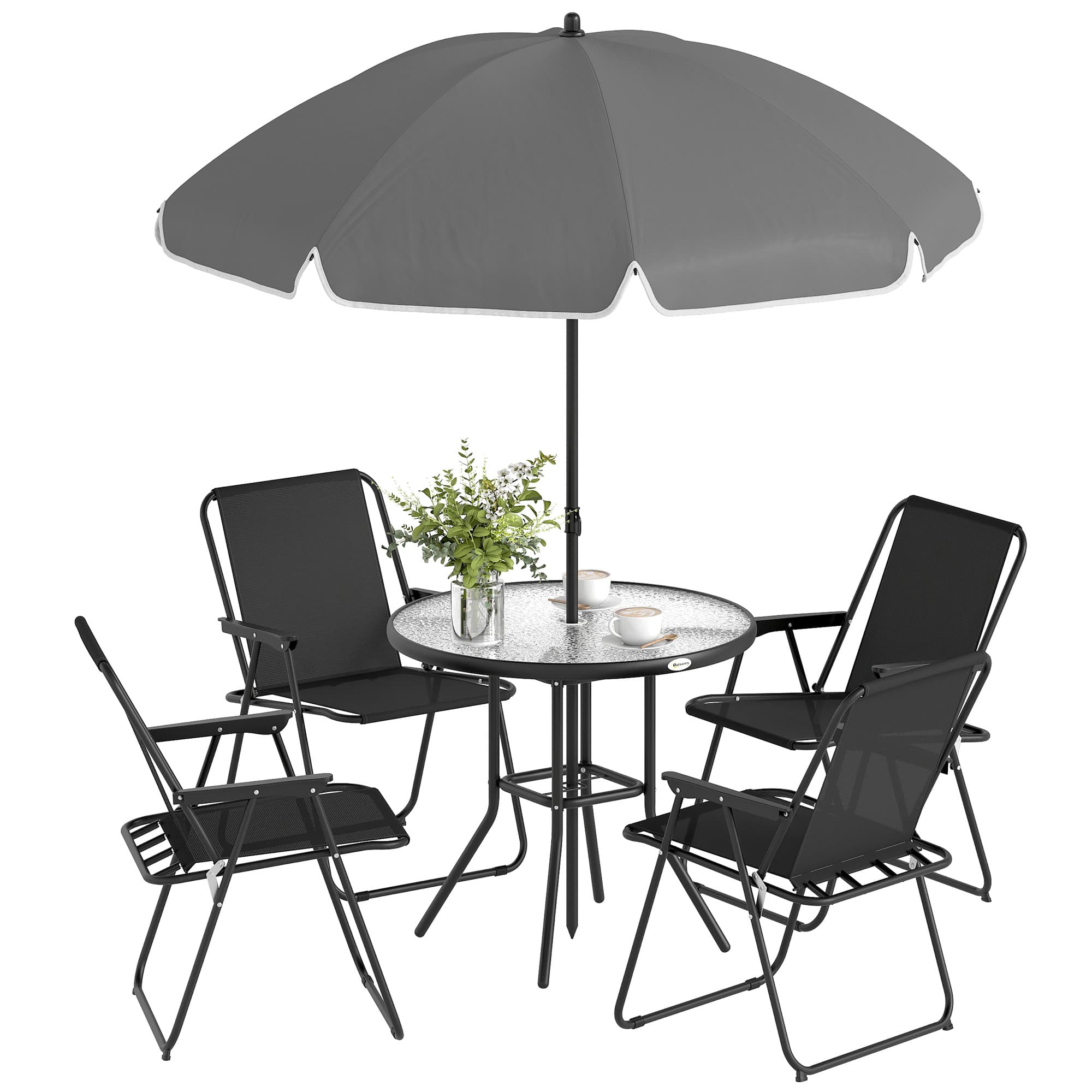 Outsunny 4 Seater Garden Furniture Set, 6 Pieces Garden Table and Chairs with Parasol for Small Patio, Black | Aosom UK