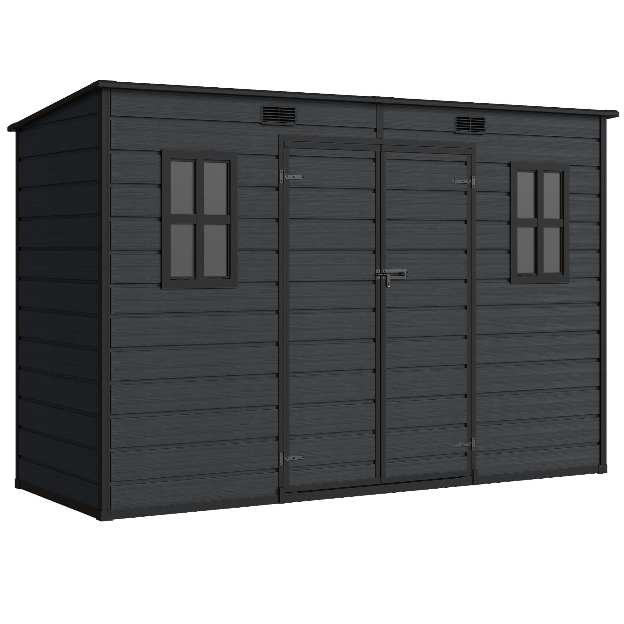 Outsunny 10 x 6 ft Resin Garden Shed, Outdoor Storage Shed with Floor, Windows, Lockable Doors and Vents, Dark Grey thumbnail 2