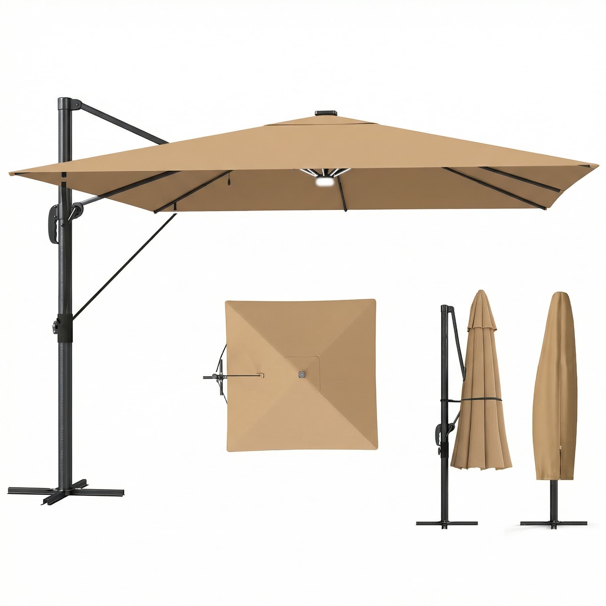 Outsunny 3 x 3 m Garden Cantilever Parasol with Light, Cover, Overhanging Umbrella w/ Wind Protection, 360° Rotation, Khaki | Aosom UK