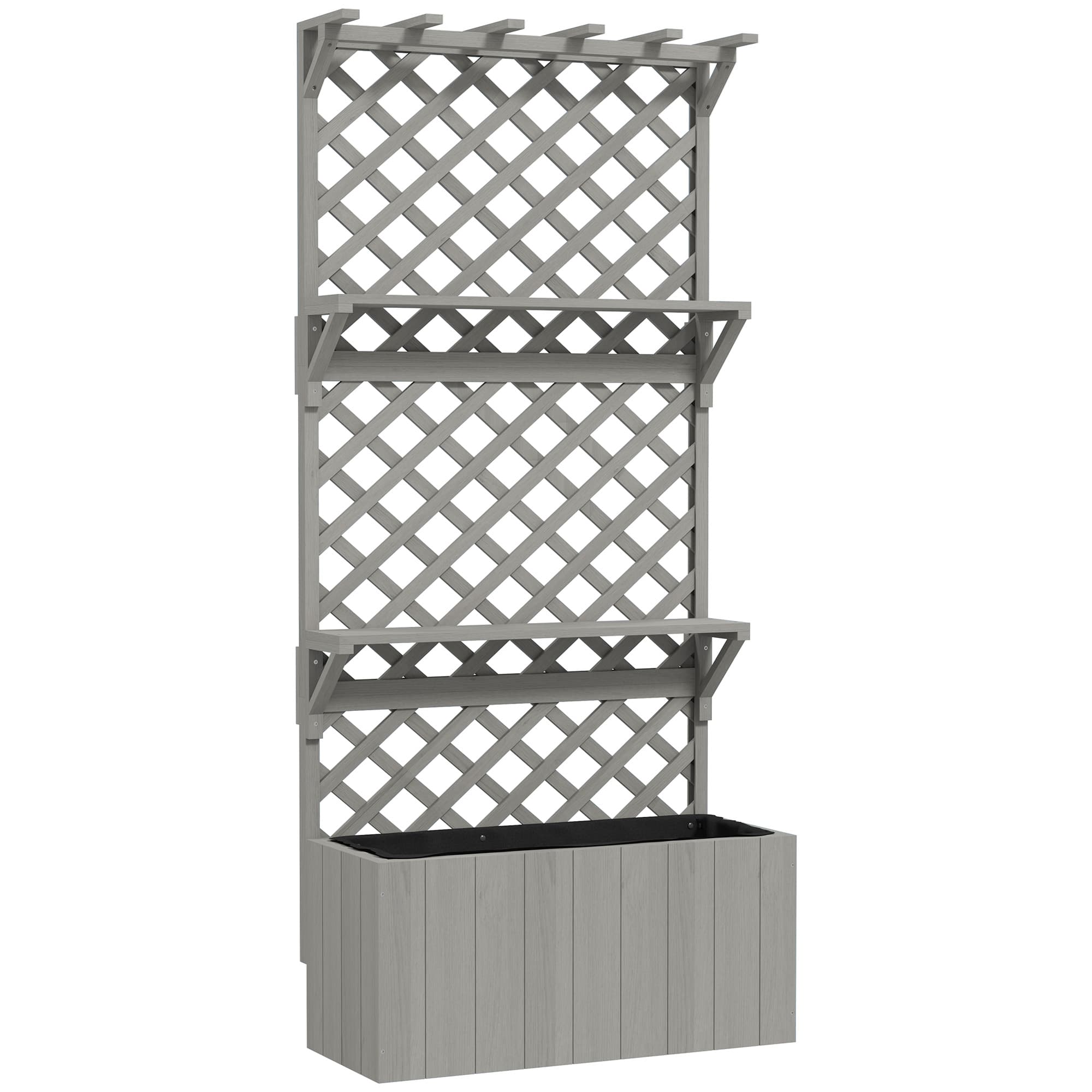 Outsunny 52L Wooden Planter with Trellis, Freestanding Raised Bed for Garden with Hanging Roof, Shelves, Drainage Holes and Bed Liner, Outdoor Planter Box for Climbing Plants Vegetables Flowers, Grey