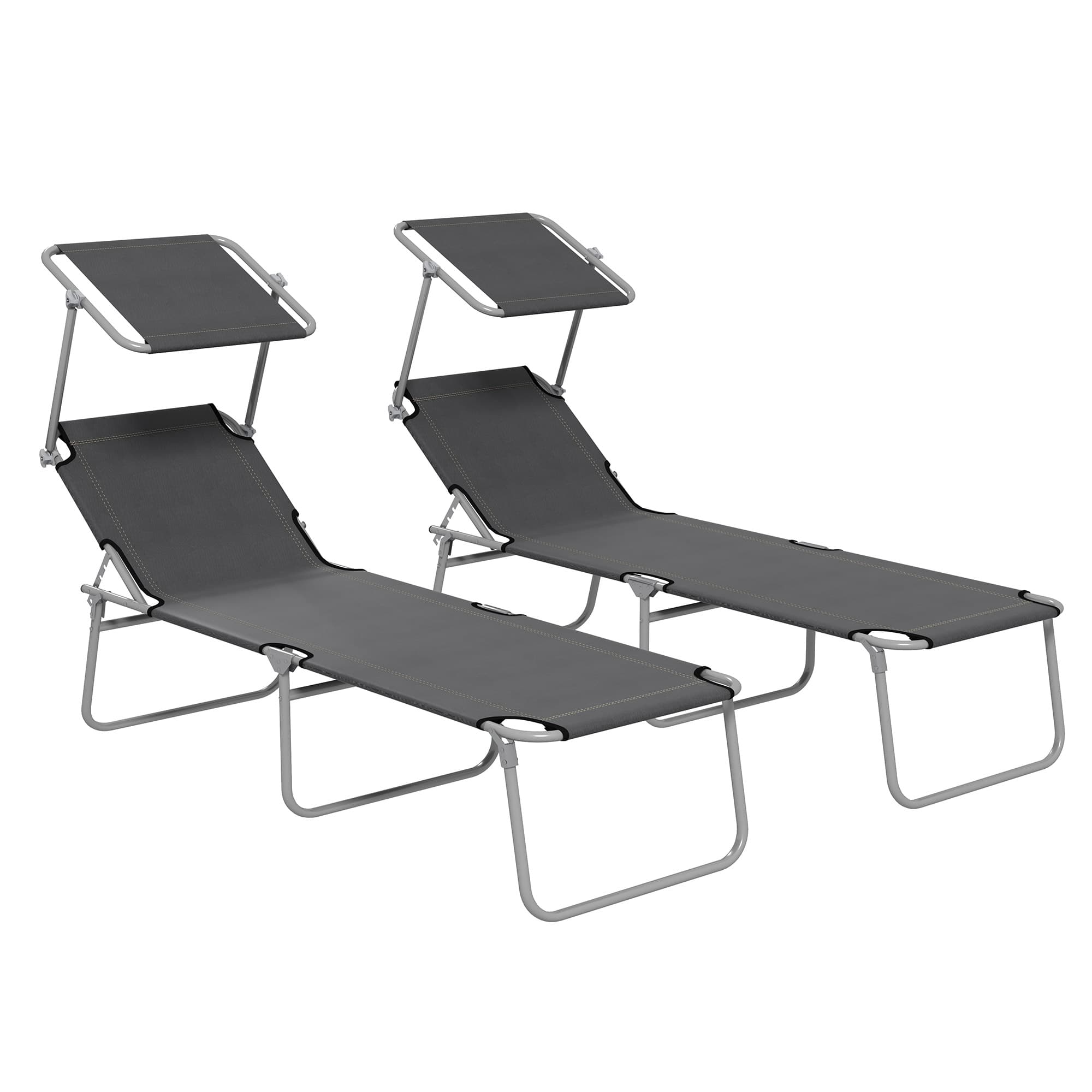 Outsunny Sun Lounger Set of 2, Foldable, 4-Level Adjustable Backrest, Reclining Chair with Sun Shade, for Beach/Garden/Patio, Grey