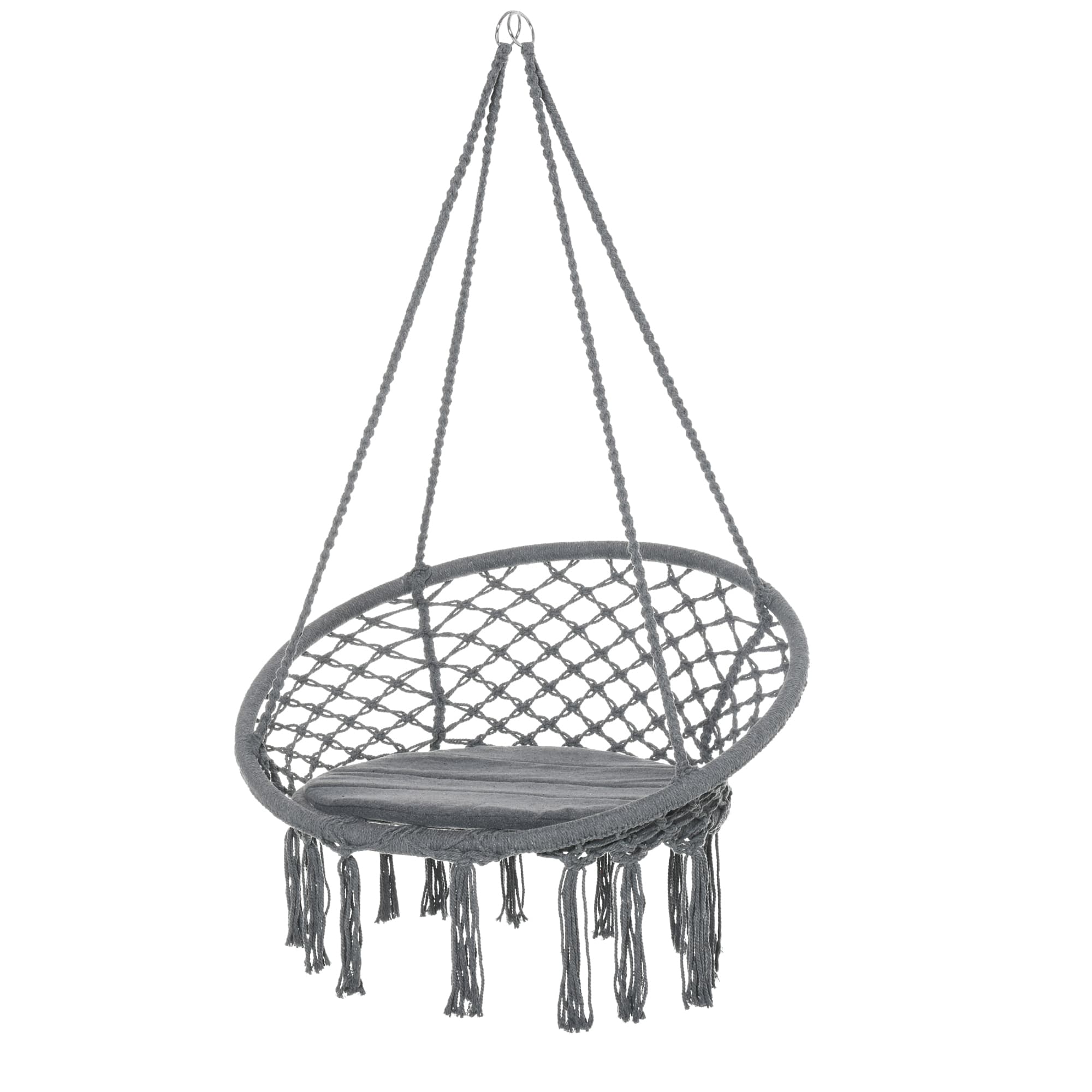 Outsunny Macrame Swing Chair: Cotton-Polyester Hanging Seat with Backrest & Tassels, Indoor & Outdoor Use, Grey | Aosom UK