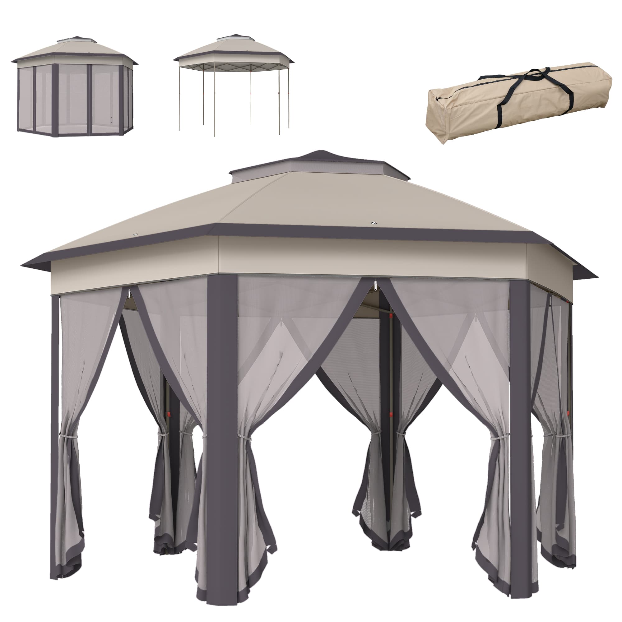 Outsunny 4x4m Hexagonal Pop-Up Garden Gazebo, Instant Setup Patio Shelter with Double-Tier Roof & Mosquito Netting, Beige | Aosom UK