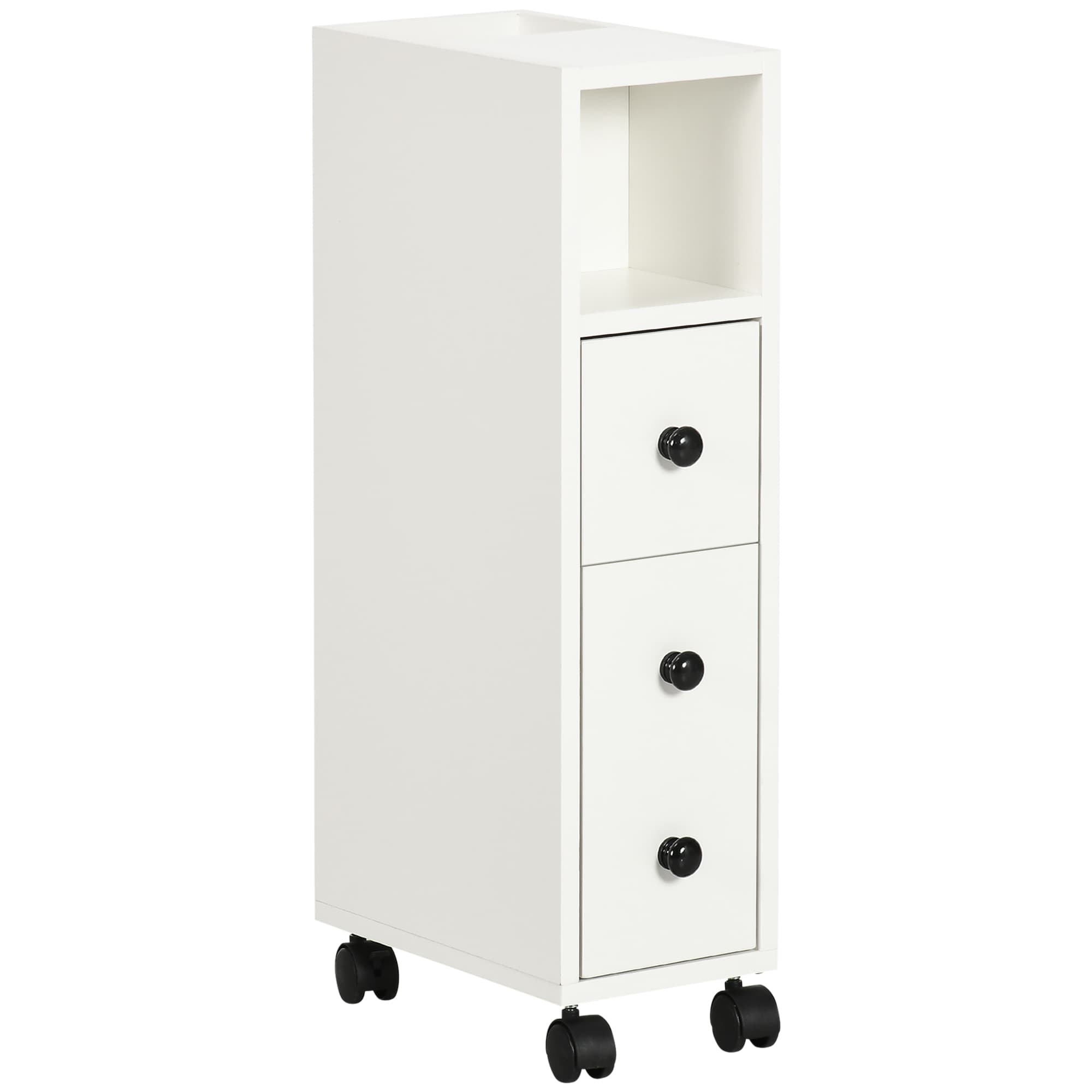 kleankin Slimline Bathroom Storage Unit w/ 2 Drawers 2 Open Compartments Wheels Handles Freestanding Compact Home Office Furniture White | Aosom UK