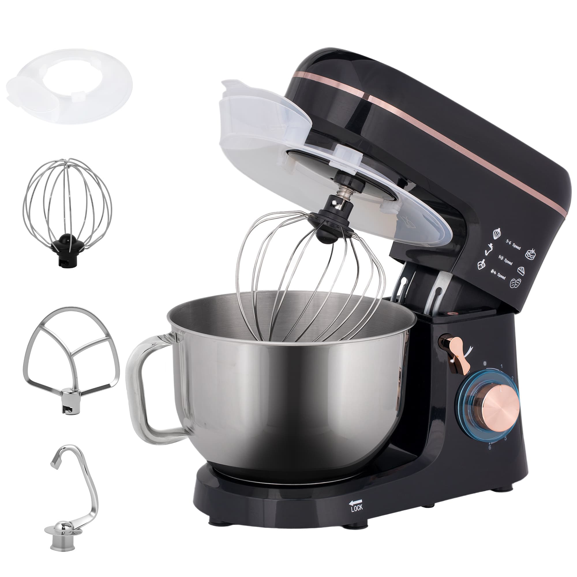 HOMCOM Stand Mixer for Baking, 5L Food Mixer with Dough Hook, Whisk, 6 Speeds and Pulse Setting, , Stainless Steel Bowl, Splash Guard, Black