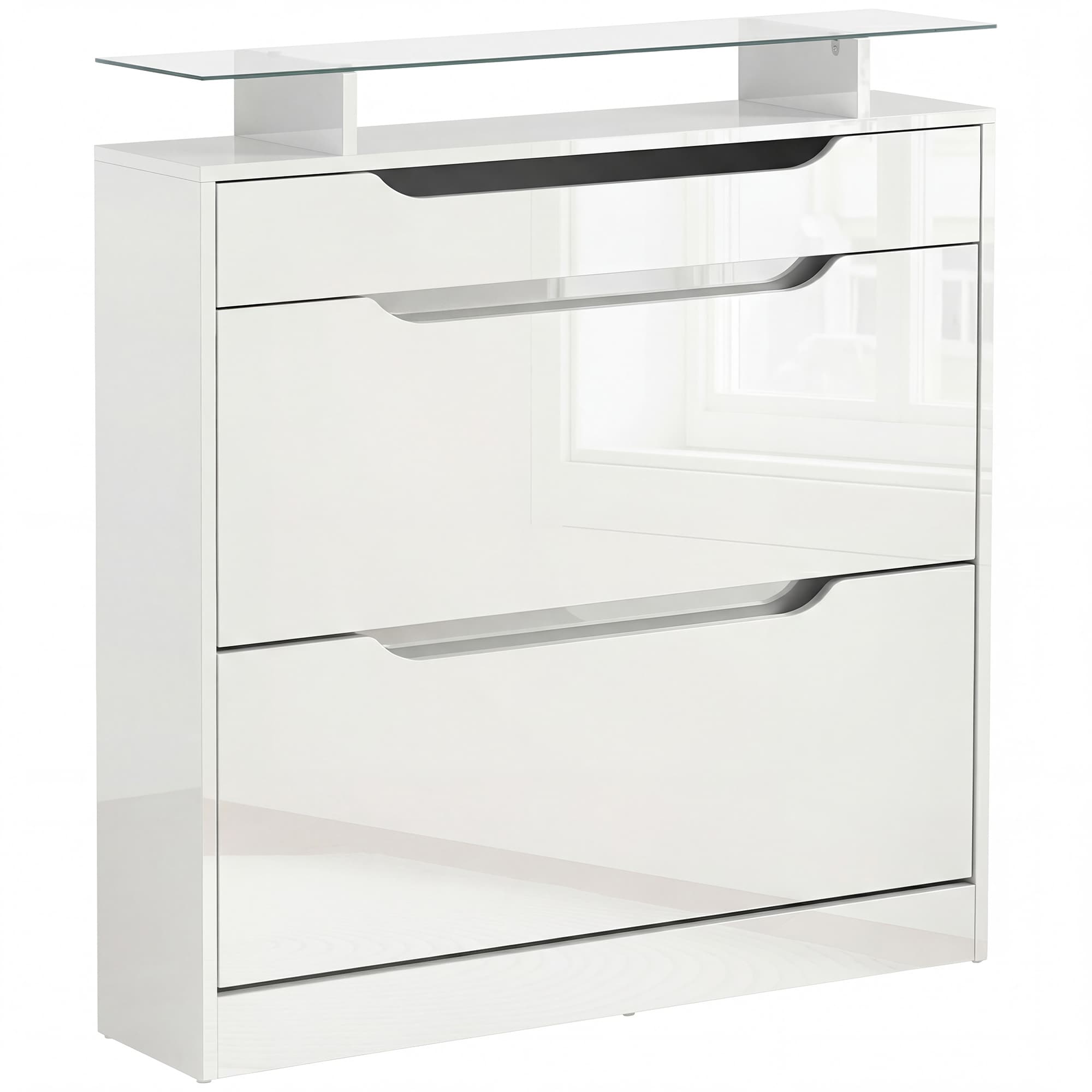 HOMCOM Shoe Cabinet High Gloss, 3 Drawer Storage, Tipping Bucket Design, Glass Top, 14 Pairs Capacity, White