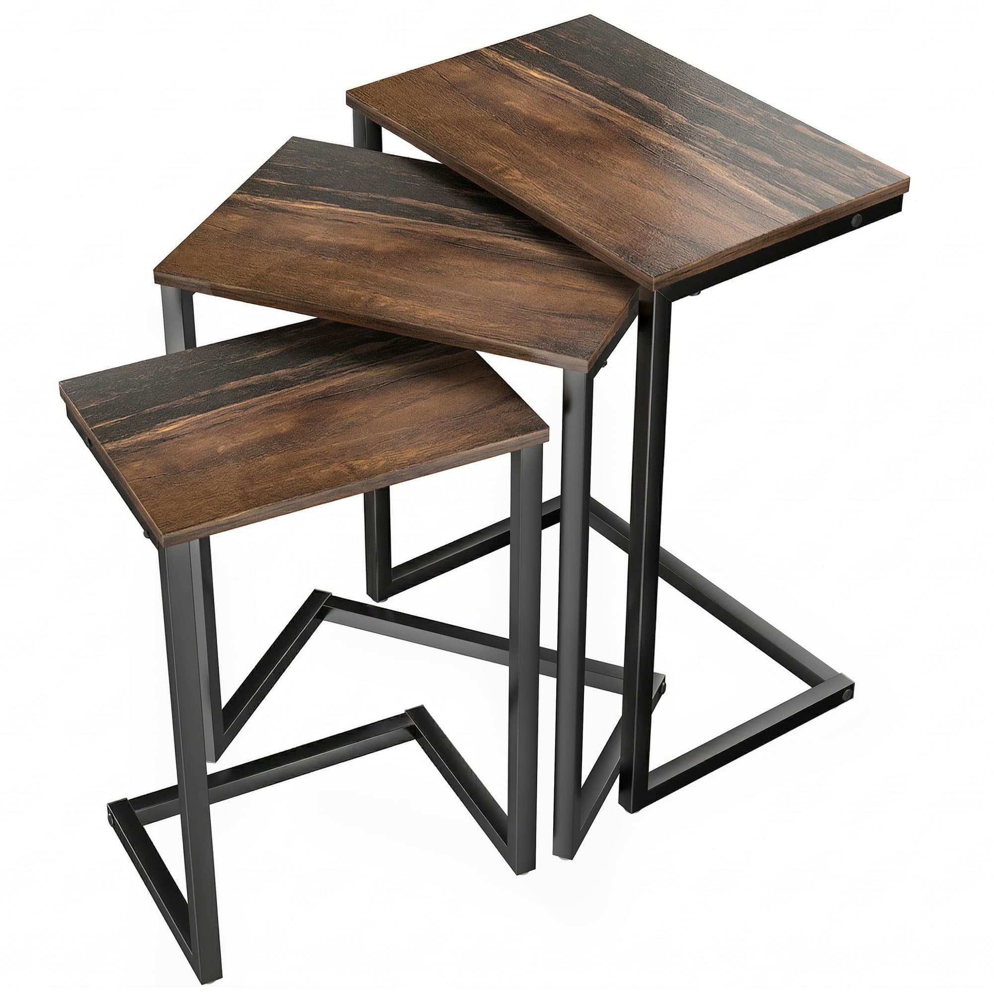 HOMCOM Nesting Side Tables Set of 3, C-Shaped Snack Side Tables with Steel Frame for Sofa Couch and Bed, Rustic Brown | Aosom UK