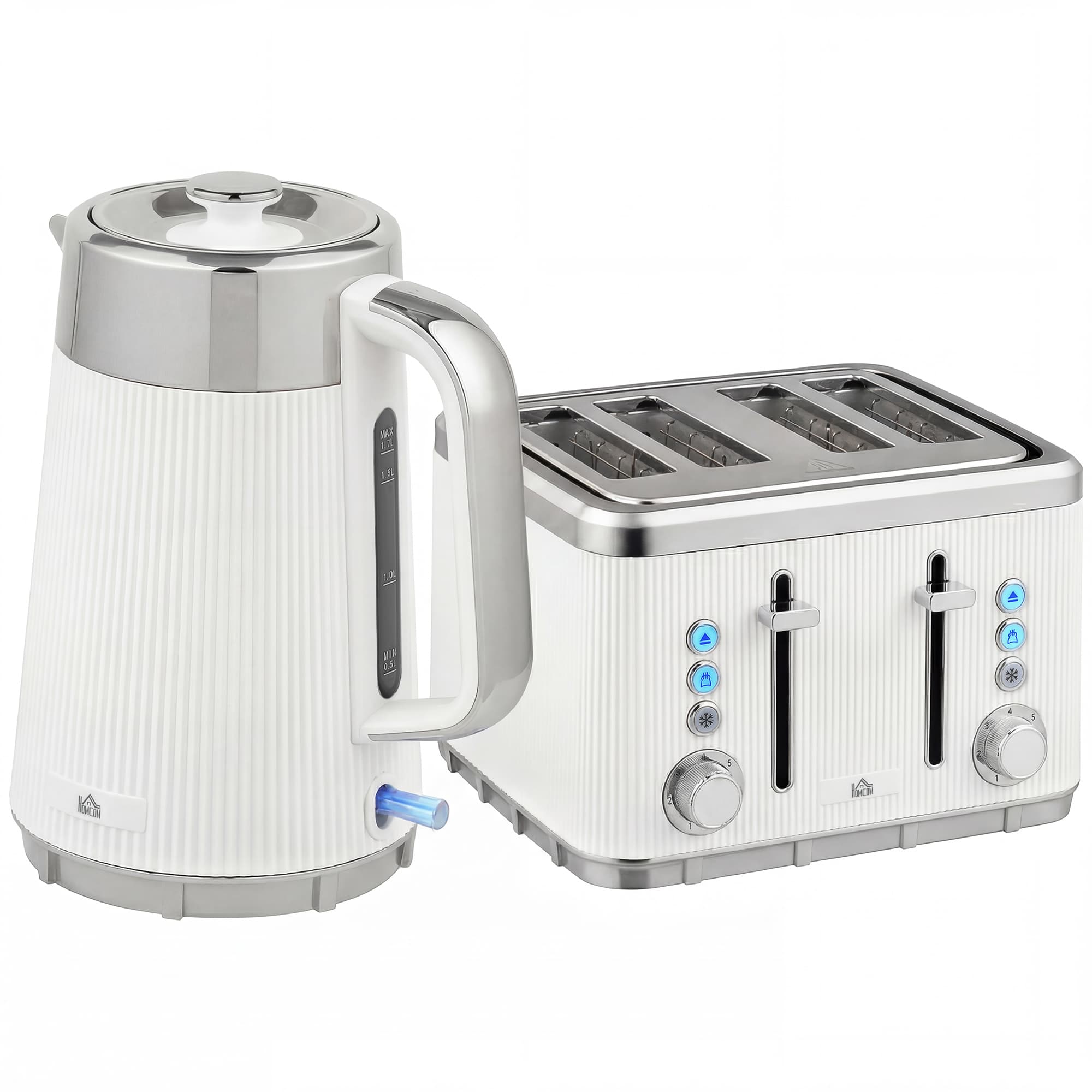 HOMCOM Electric Kettle and Toaster Set, 3000W 1.7L UK Strix Thermostat Rapid Boil Jug Kettle with Limescale Filter, Cool Touch Body, 4 Slice Toaster with 7 Browning Controls, Crumb Tray, White