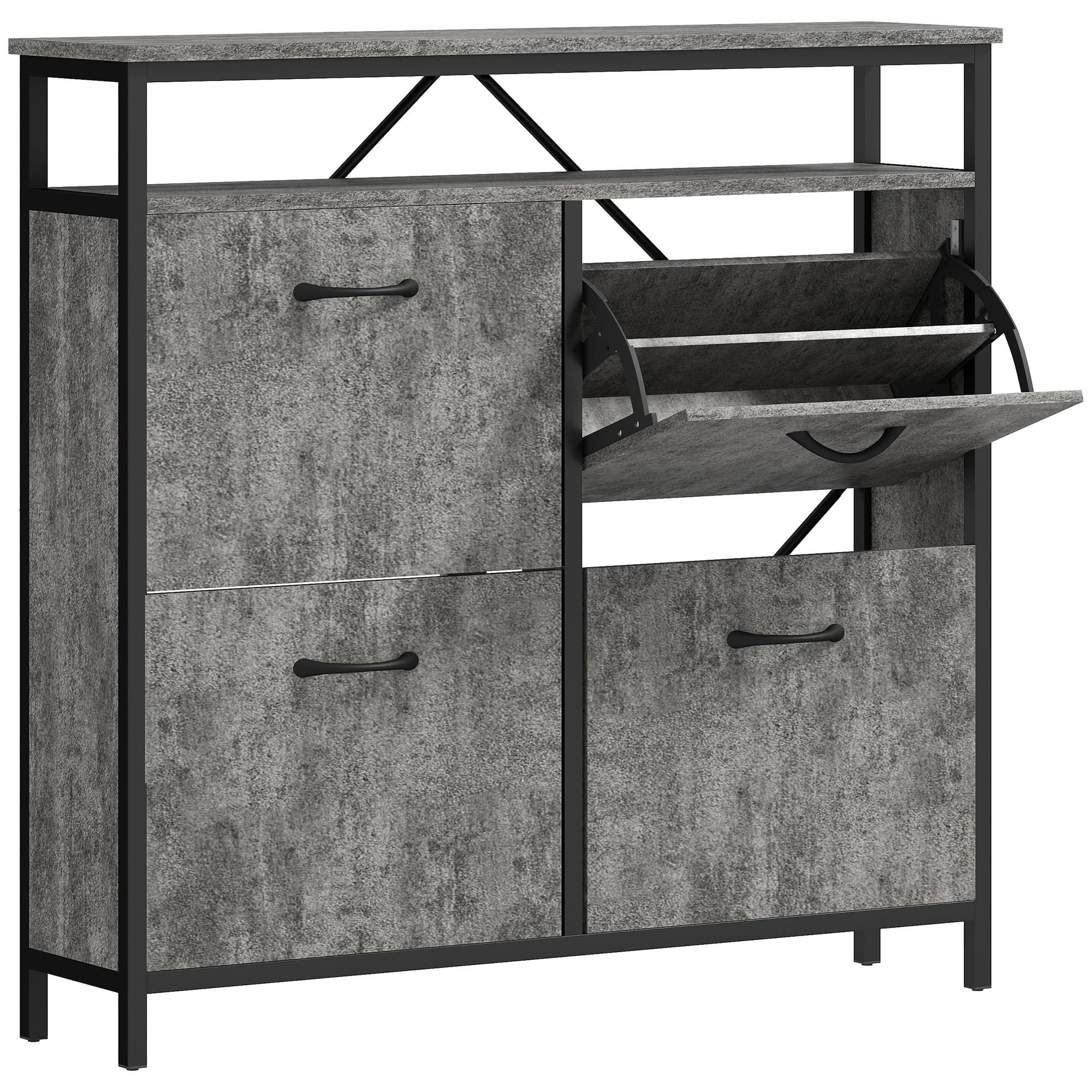 HOMCOM Shoe Storage Cabinet with 4 Flip Drawers and Open Shelf, Stylish & Practical Storage Solution, Cement Grey | Aosom UK