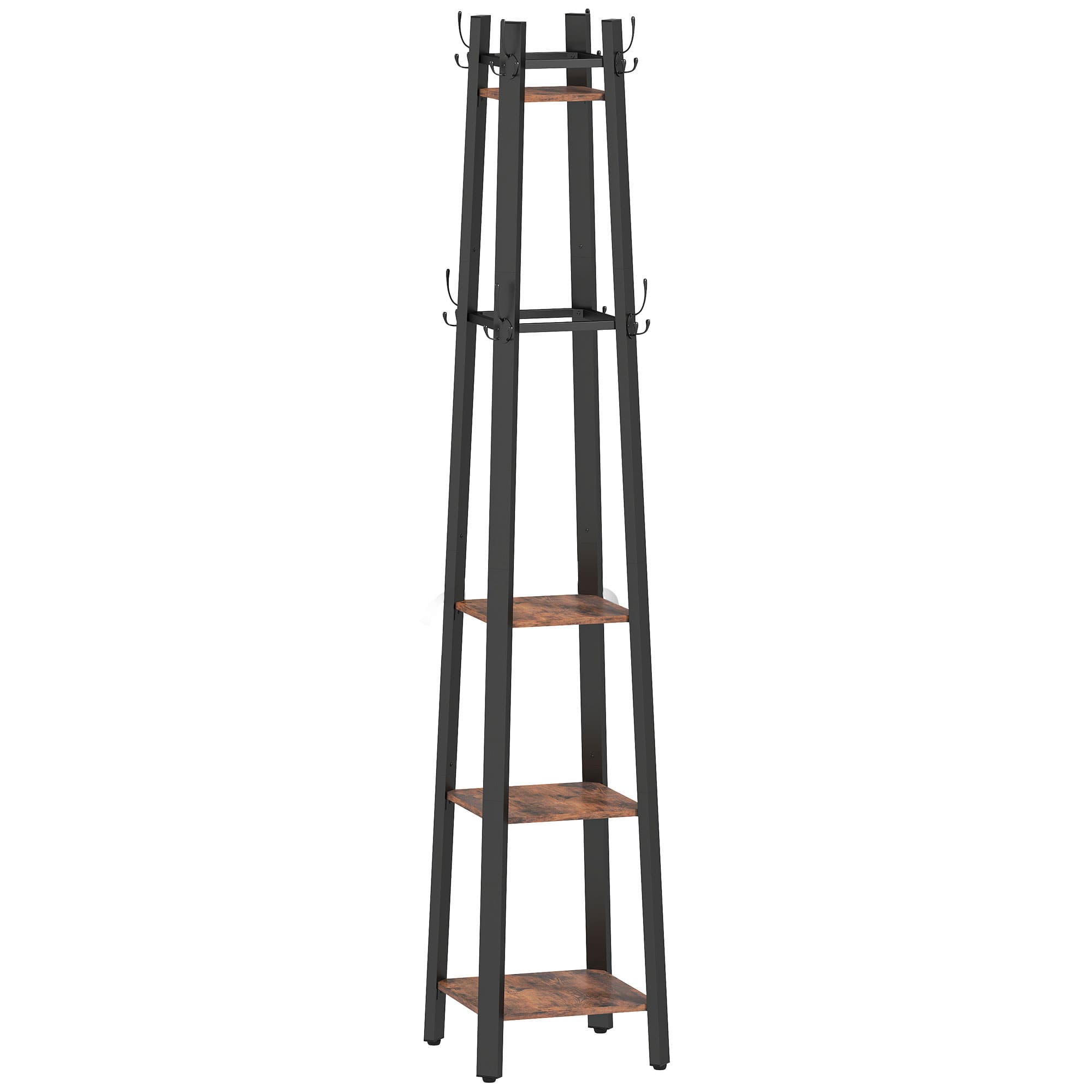 HOMCOM Industrial Coat Stand with 8 Hooks and 4 Shelves - Rustic Brown