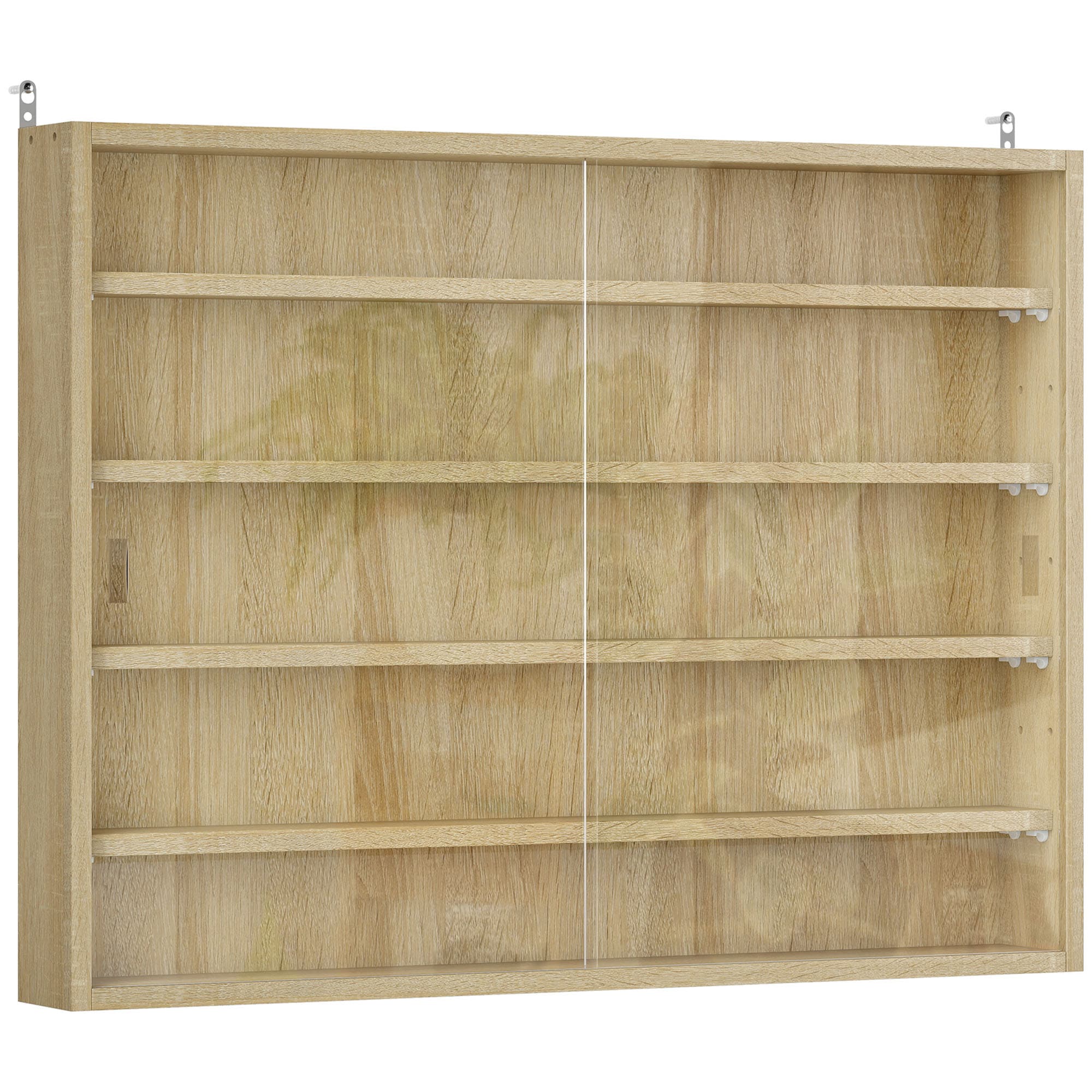 HOMCOM 5-Tier Wall Display Shelf Unit Cabinet w/ 4 Adjustable Shelves Glass Doors Home Office Ornaments 60x80cm Oak | Aosom UK