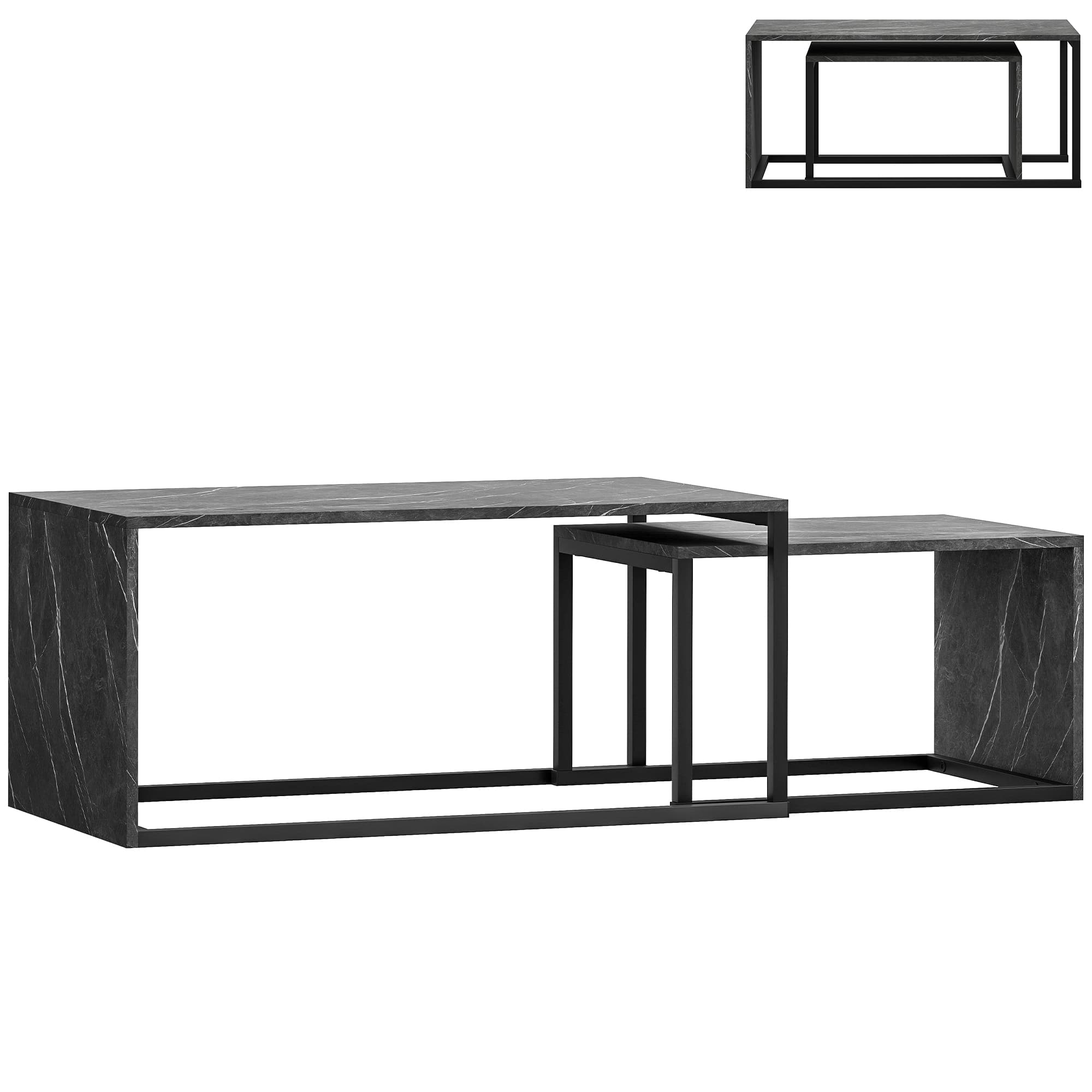 HOMCOM Coffee Tables Set of 2, Industrial Nest of Tables with Metal Frame for Living Room Bedroom, Dark Grey Marble Effect