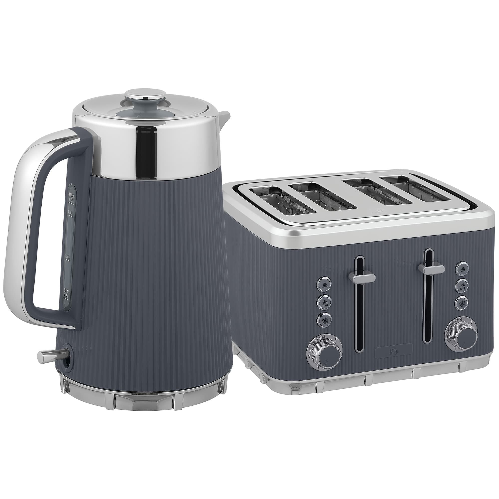HOMCOM Electric Kettle and Toaster Set, 3000W 1.7L UK Strix Thermostat Rapid Boil Jug Kettle with Limescale Filter, Cool Touch Body, 4 Slice Toaster with 7 Browning Controls, Crumb Tray, Grey