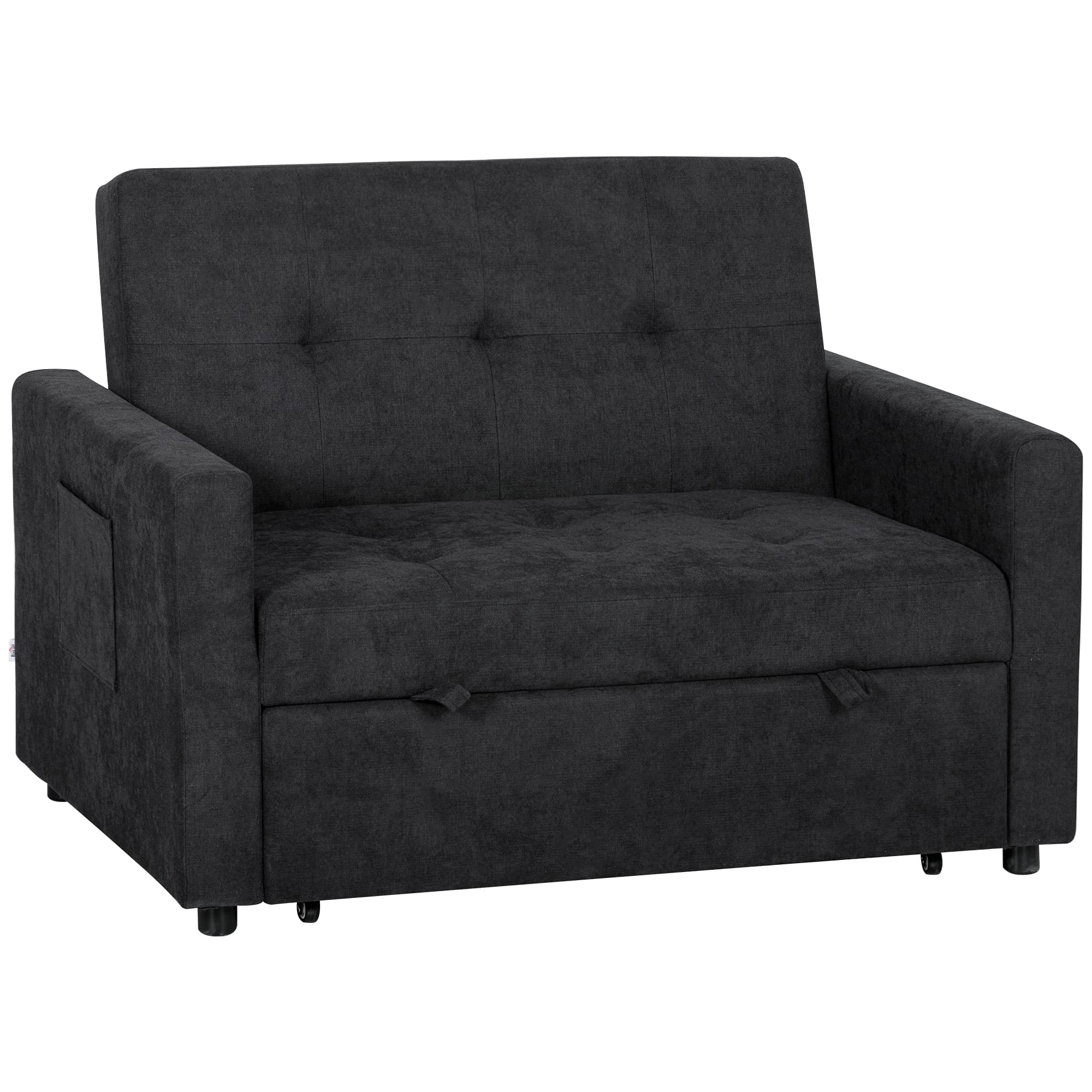 HOMCOM Loveseat Sofa Bed, Convertible Bed Settee with 2 Pillows, Side Pockets, Black