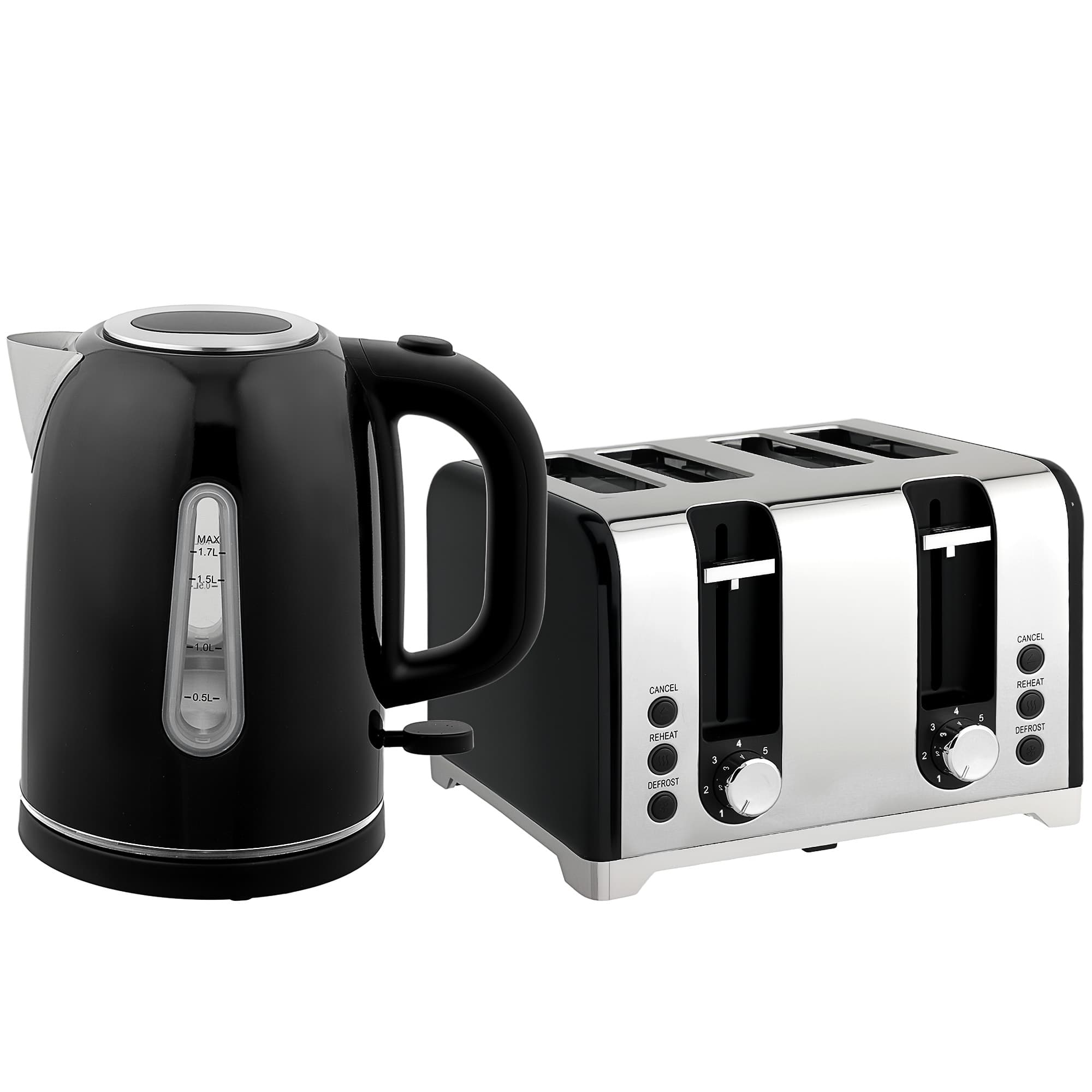 HOMCOM Kettle and Toaster Set, 1.7L 3000W Rapid Boil Jug Kettle with Strix Thermostat, Limescale Filter, 4 Slice Toaster with 7 Browning Controls, Crumb Tray, Black