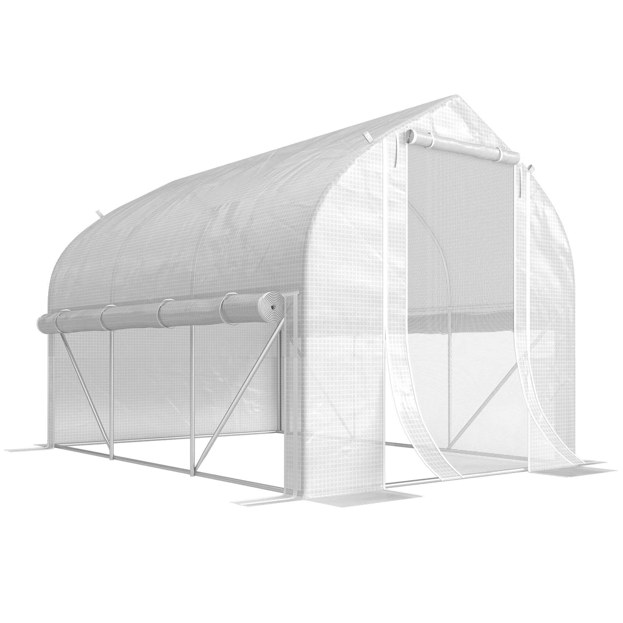 Outsunny 3 x 2m Walk-in Polytunnel Greenhouse, Zipped Roll Up Sidewalls, Mesh Door, Mesh Windows, Tunnel Warm House Tent w/ PE Cover, White | Aosom UK
