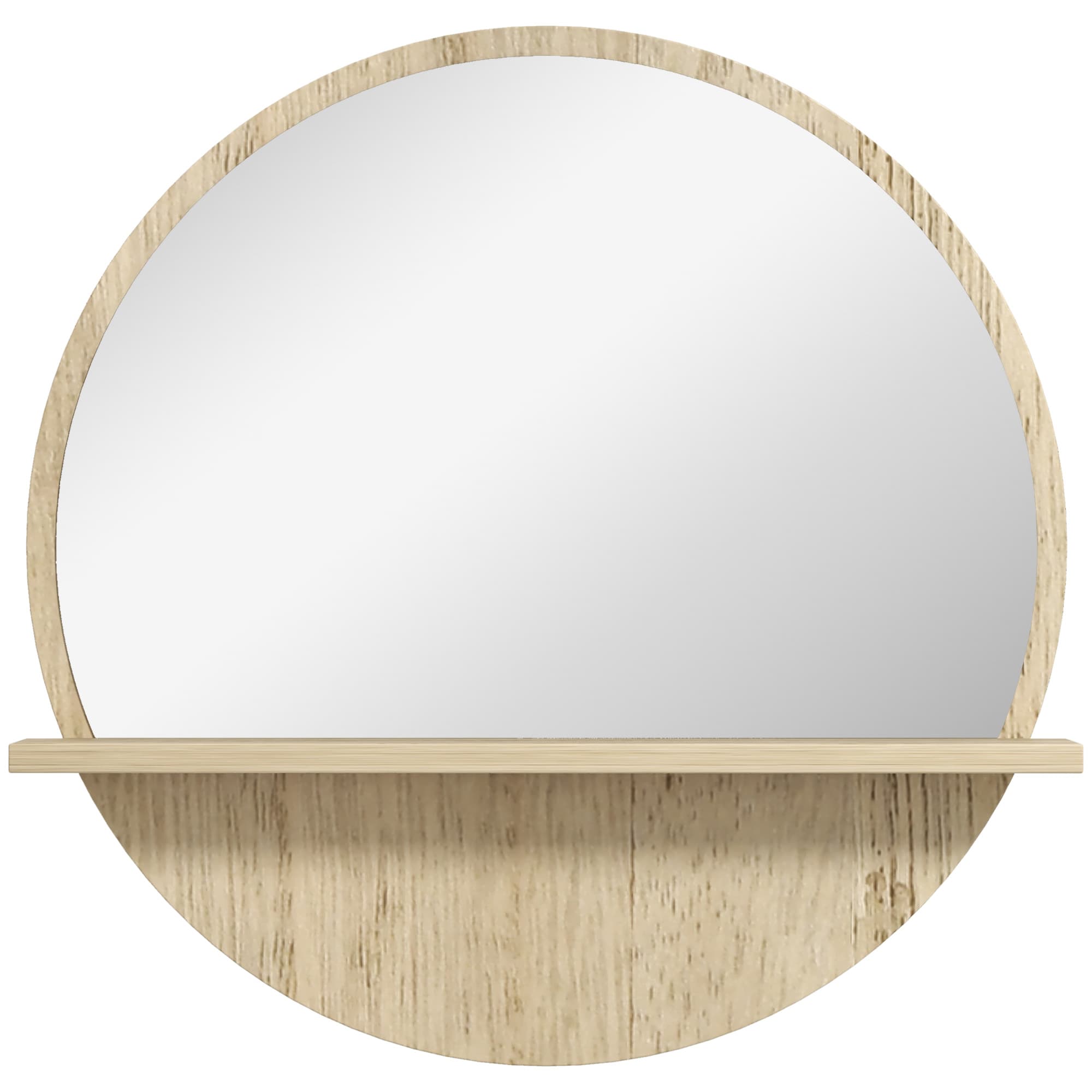 kleankin Decorative Wall Mirror: 45cm Circular Bathroom Mirror with Storage Shelf, Wooden Frame, Natural Wood Effect | Aosom UK