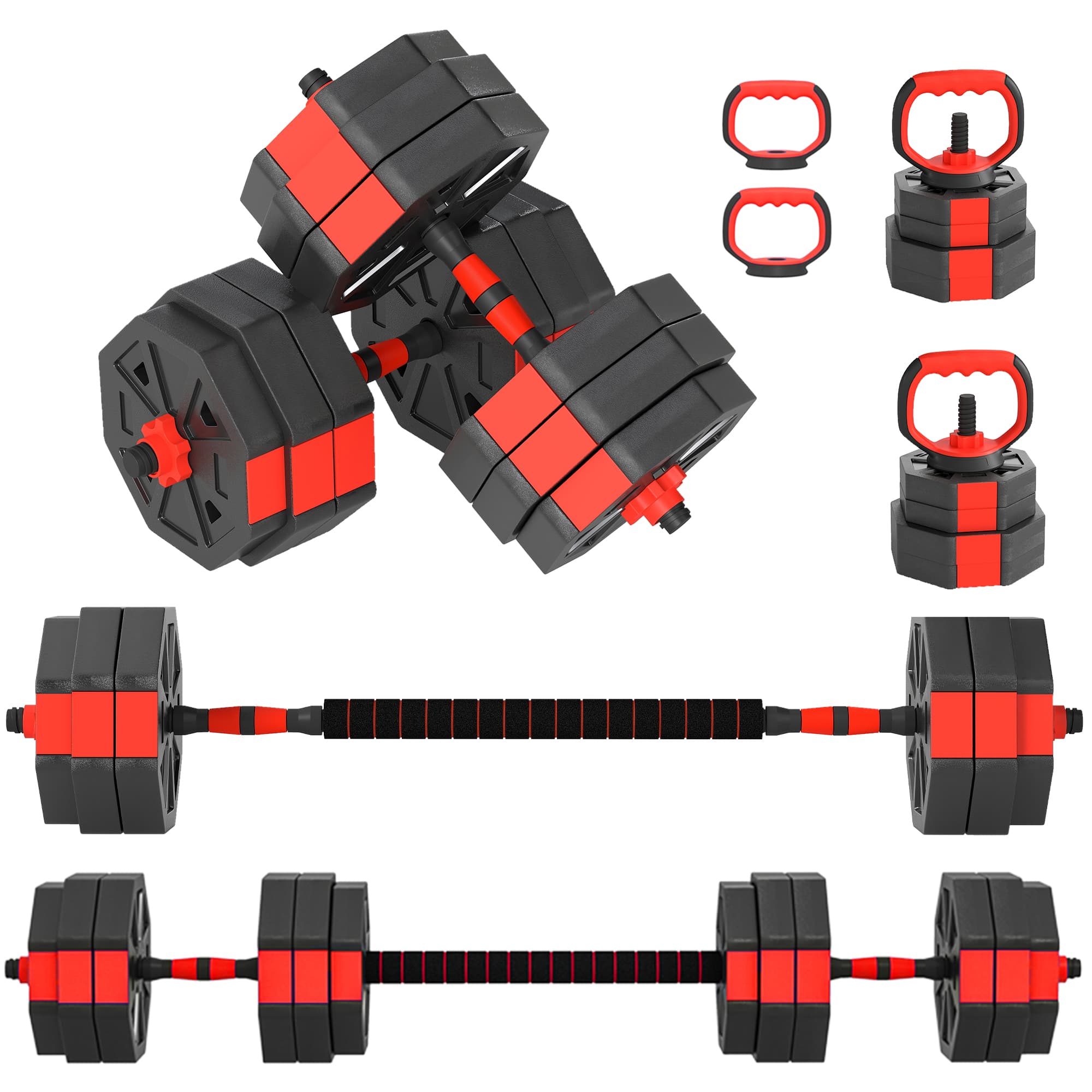 SPORTNOW 4-in-1 Adjustable Weight Dumbbells Set, Used as Kettlebell, Barbell, Dumbbell, Push-Up Stand, 30kg Free Weights Set for Men and Women Home Gym Training, Red