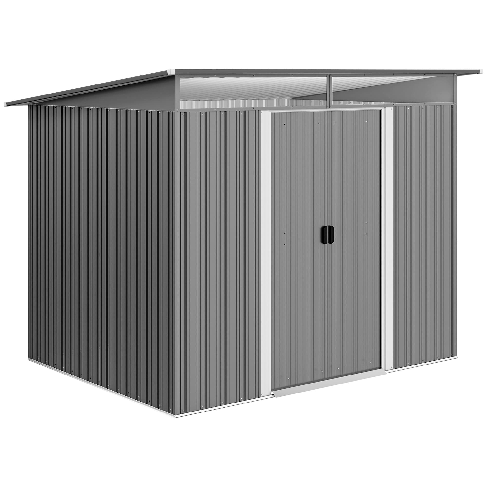 Outsunny 9ft x 6.5ft Garden Storage Shed, Metal Garden Shed with Double Doors Top Window, Outdoor Tool Storage House, Light Grey | Aosom UK