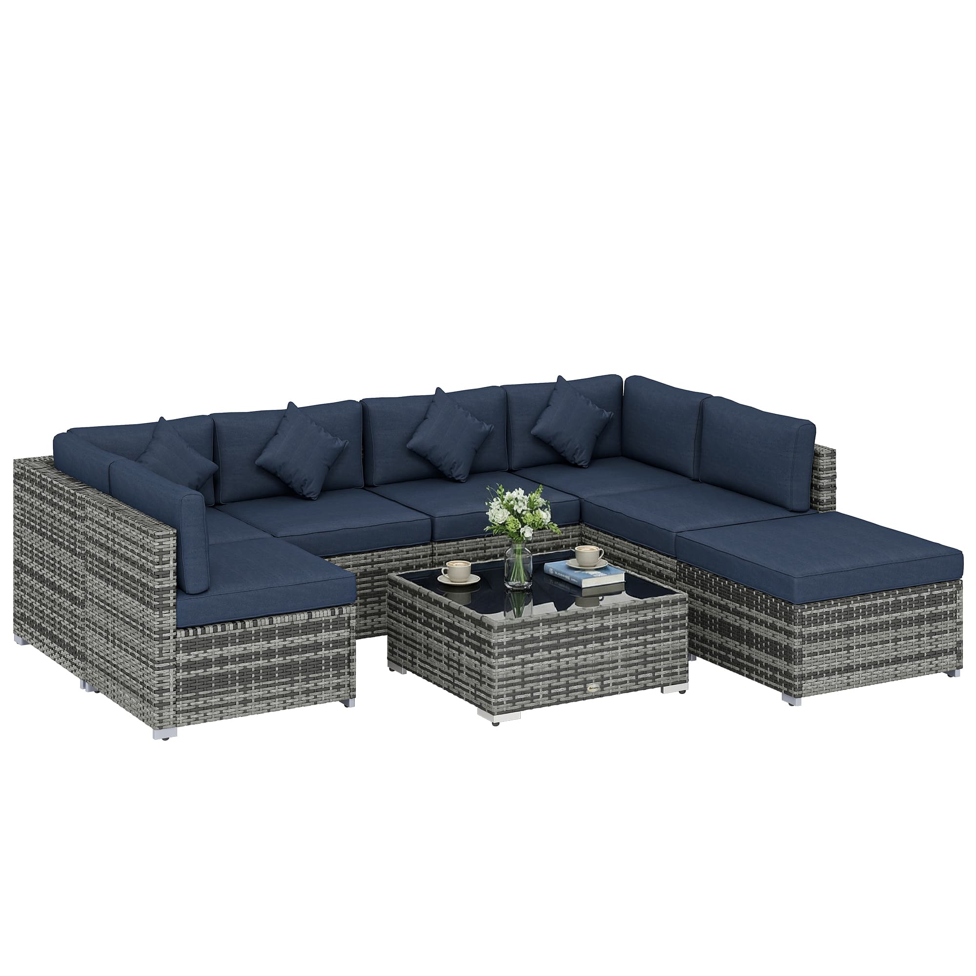 Outsunny 8 Pieces PE Rattan Corner Sofa Set, Outdoor Garden Furniture Set, Patio Wicker Sofa Seater with Cushion, Dark Blue | Aosom UK