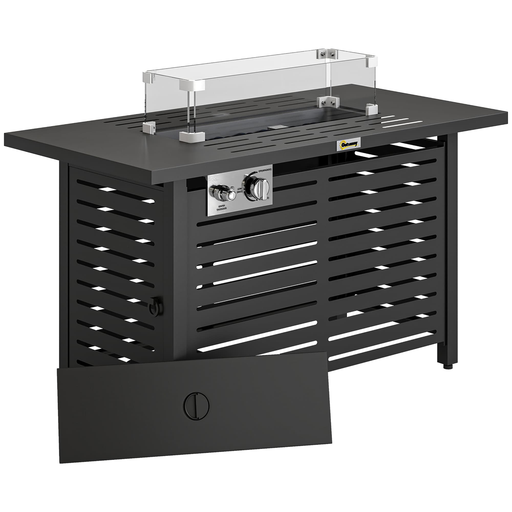 Outsunny Propane Gas Fire Pit Table, Outdoor Firepit with 43" Steel Tabletop and Lid, 50,000 BTU Pulse Ignition Fire Table w/ Stainless Steel Burner, Glass Wind Guard, and Cover
