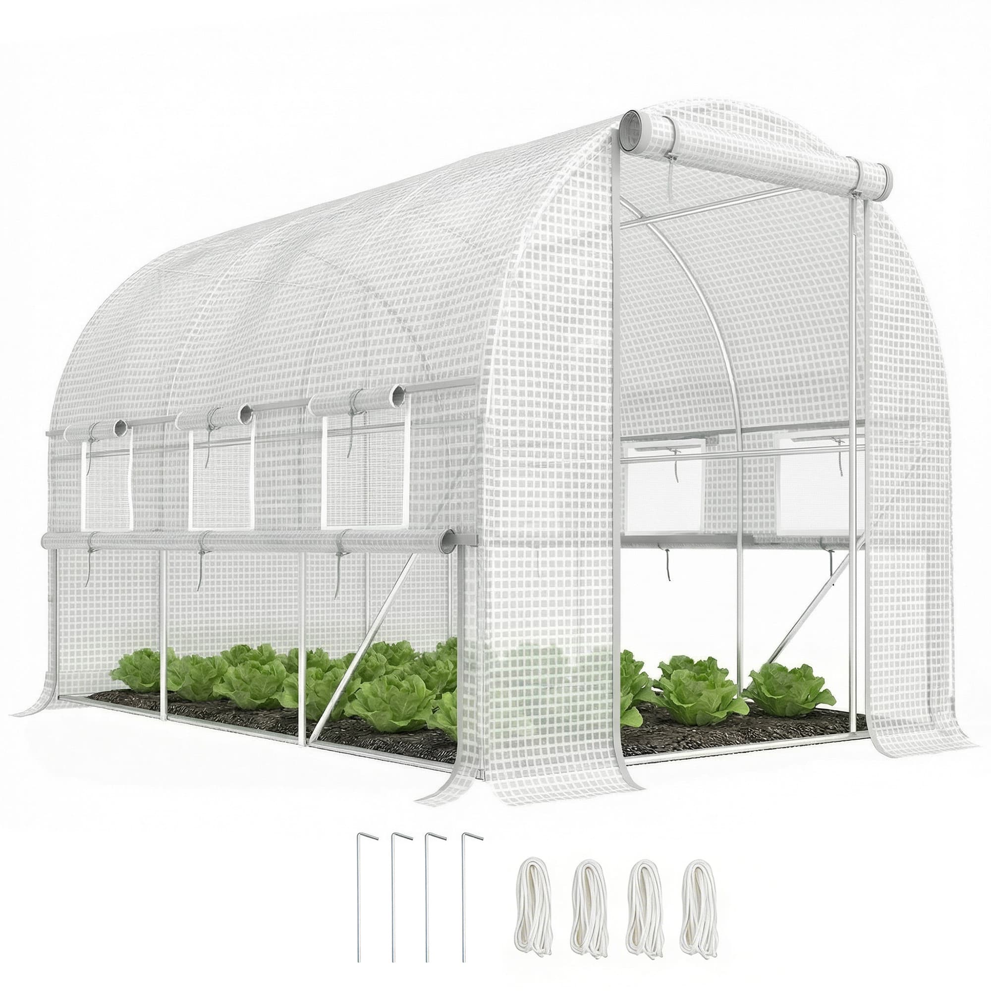 Outsunny 3 x 2 x 2m Walk-in Tunnel Greenhouse, Polytunnel Tent with PE Cover, Zippered Roll Up Door and 6 Mesh Windows, White
