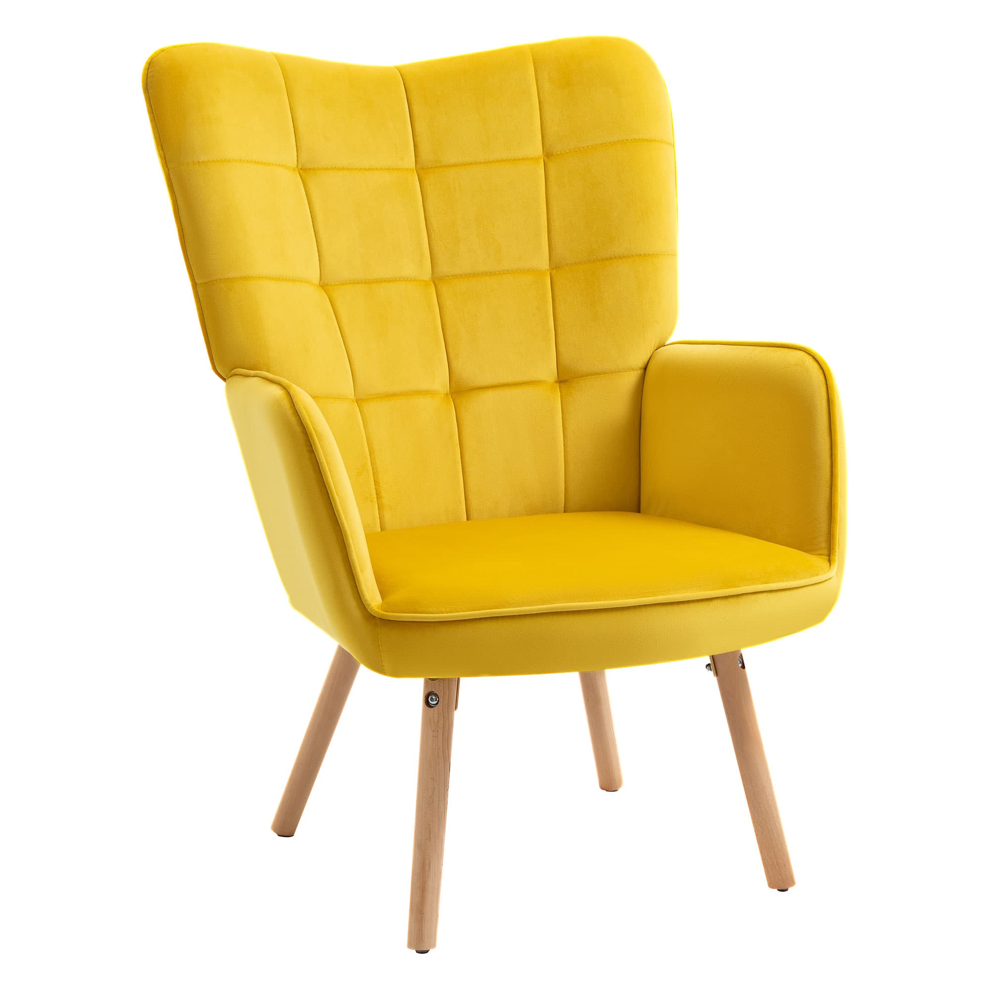 Modern Accent Chair HOMCOM Velvet-Touch Tufted Wingback Armchair Upholstered Leisure Lounge Sofa Club Chair with Wood Legs, Yellow | Aosom UK