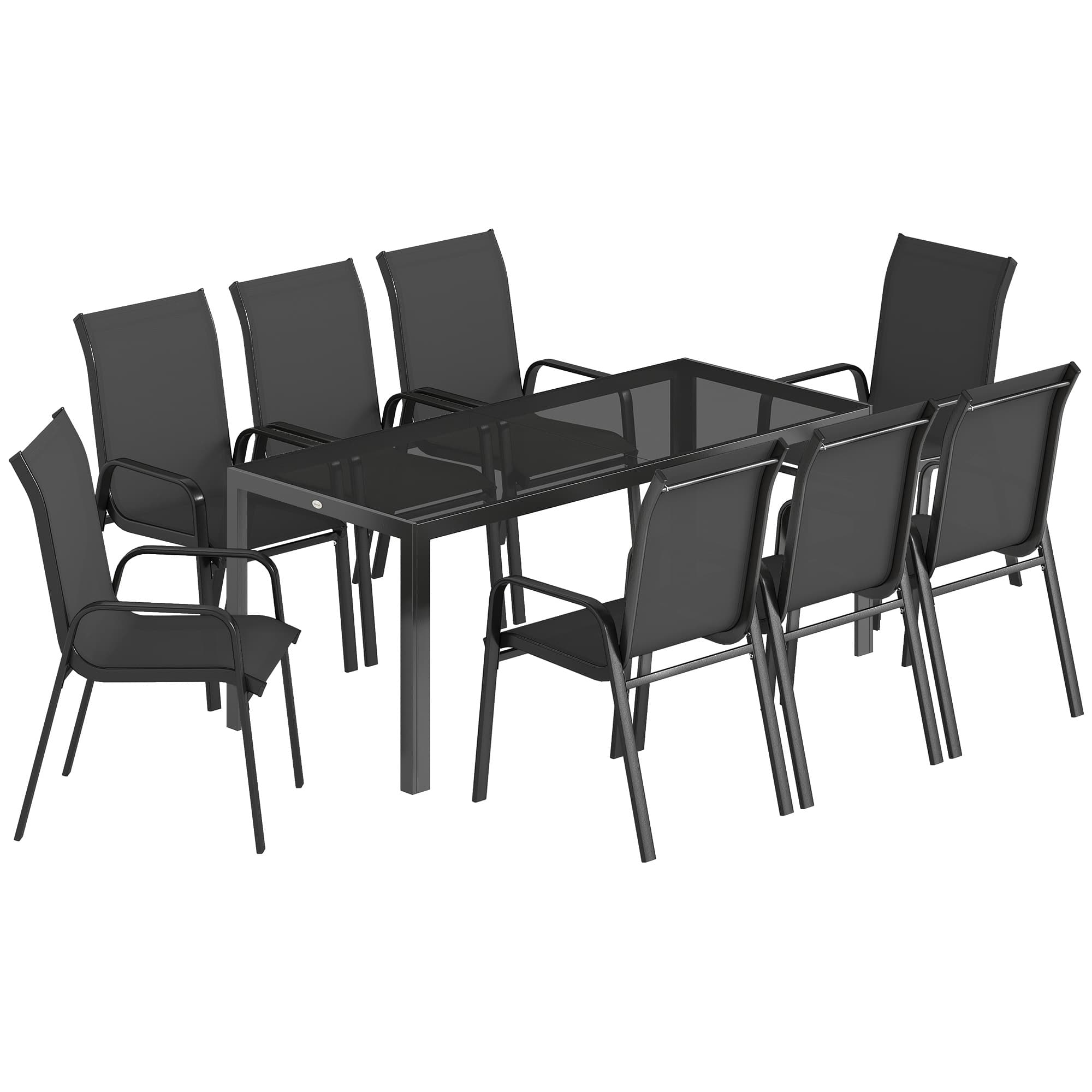 Outsunny 9 Pieces Garden Dining Set, Outdoor Table and Chairs Set for 8, Garden Furniture Set with Tempered Glass Top, Black