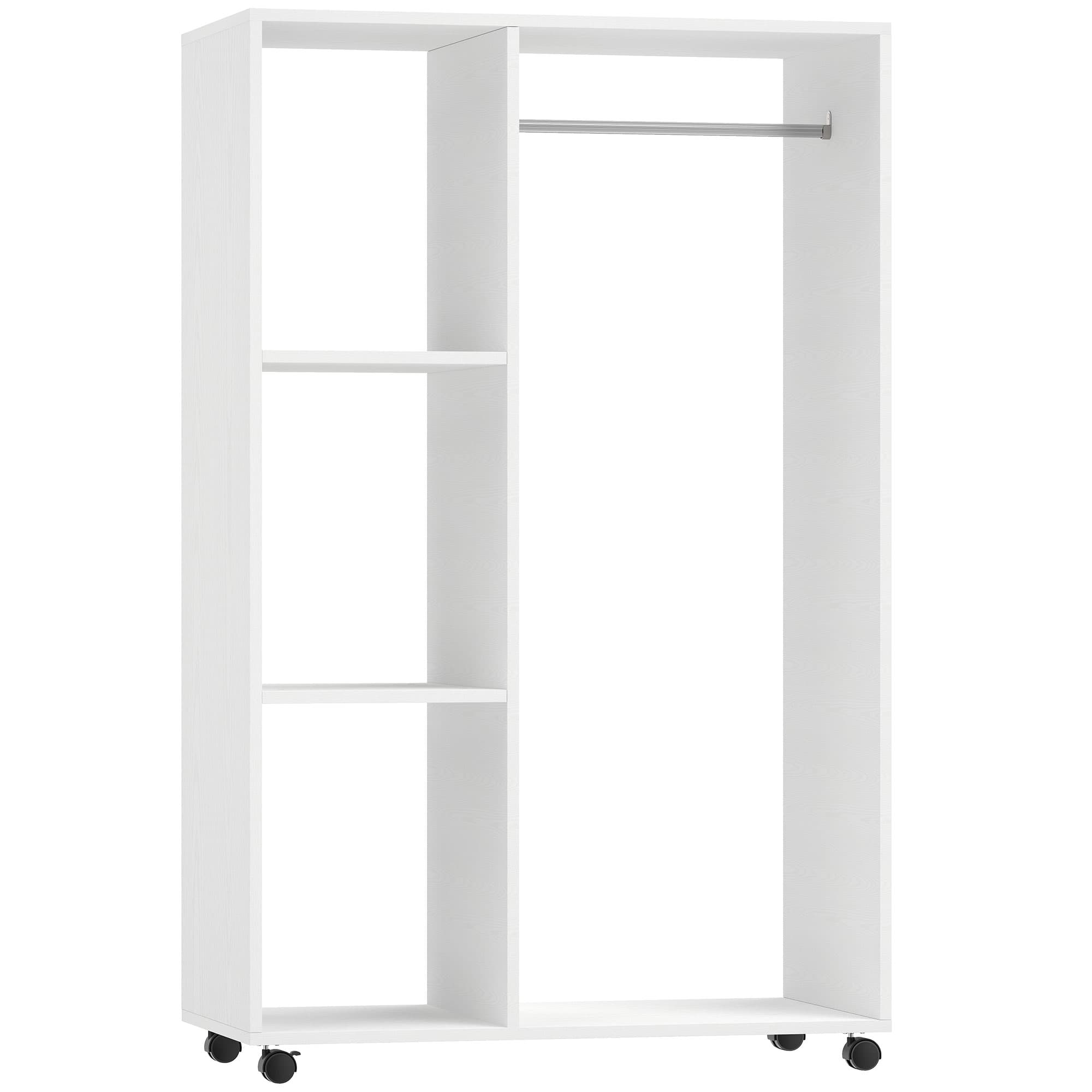 HOMCOM Open Wardrobe with Hanging Rail and Storage Shelves w/Wheels Bedroom-White