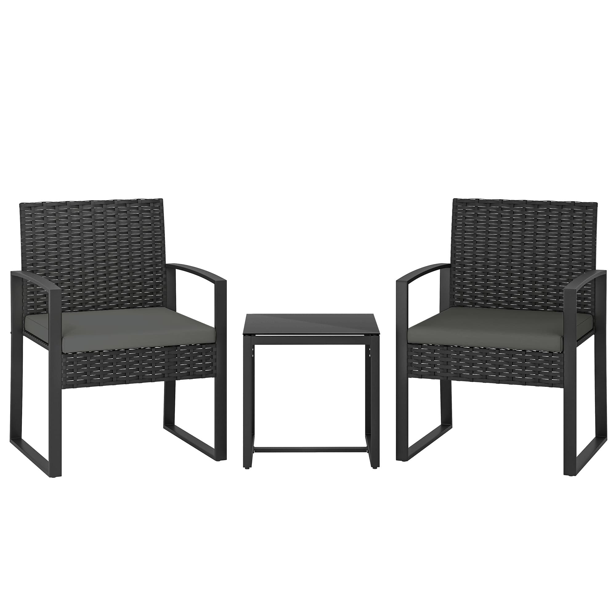 Outsunny Rattan Bistro Set, 3 Piece Garden Furniture Set with Glass Top Table and Cushions, Dark Grey