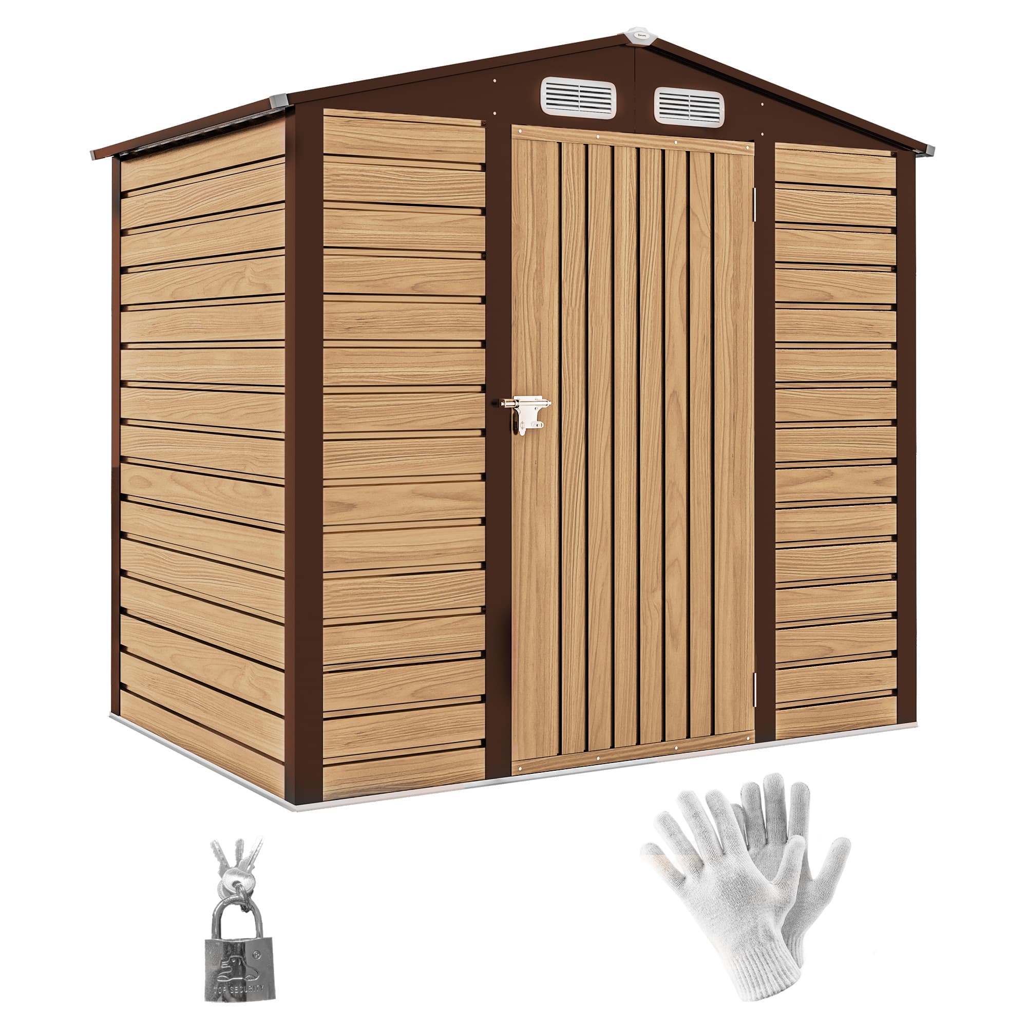 Outsunny 4x6ft Galvanised Steel Garden Shed with Lockable Door & Gloves, Weatherproof Outdoor Storage Shed, Durable Metal Tool House for Garden & Backyard, Oak | Aosom UK