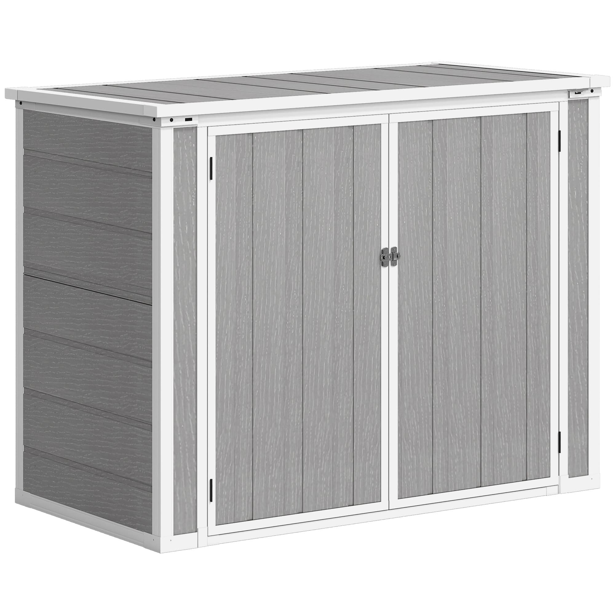 Outsunny 4.7 x 2.5ft Garden Storage Shed with Lockable Doors, Dual Bin Holder & Openable Lid for Outdoor Garden Tools, Grey | Aosom UK
