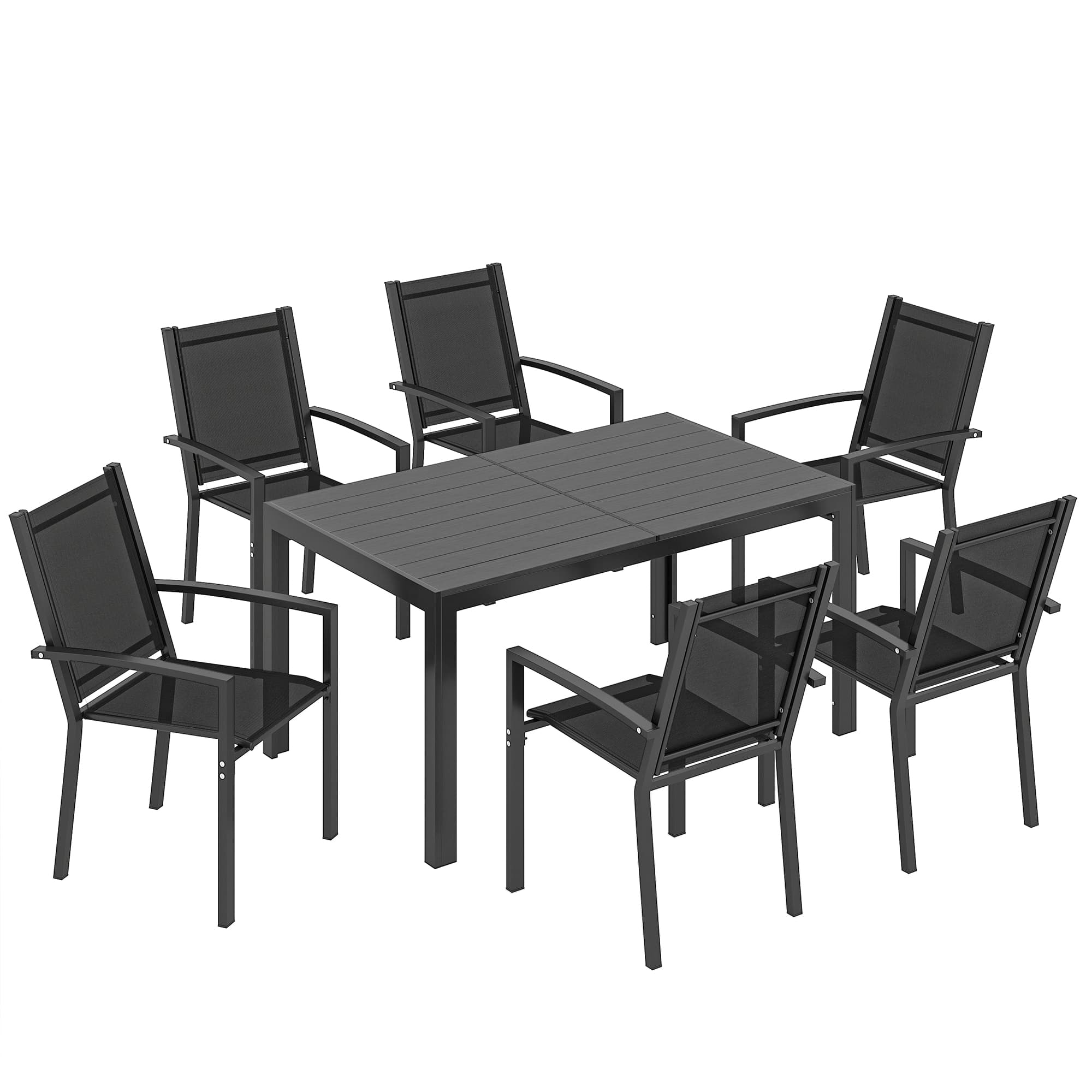 Outsunny 7-Piece Garden Dining Set, Weather-Resistant Outdoor Furniture with Plastic Wood-Top Table & Stackable Chairs, Black | Aosom UK