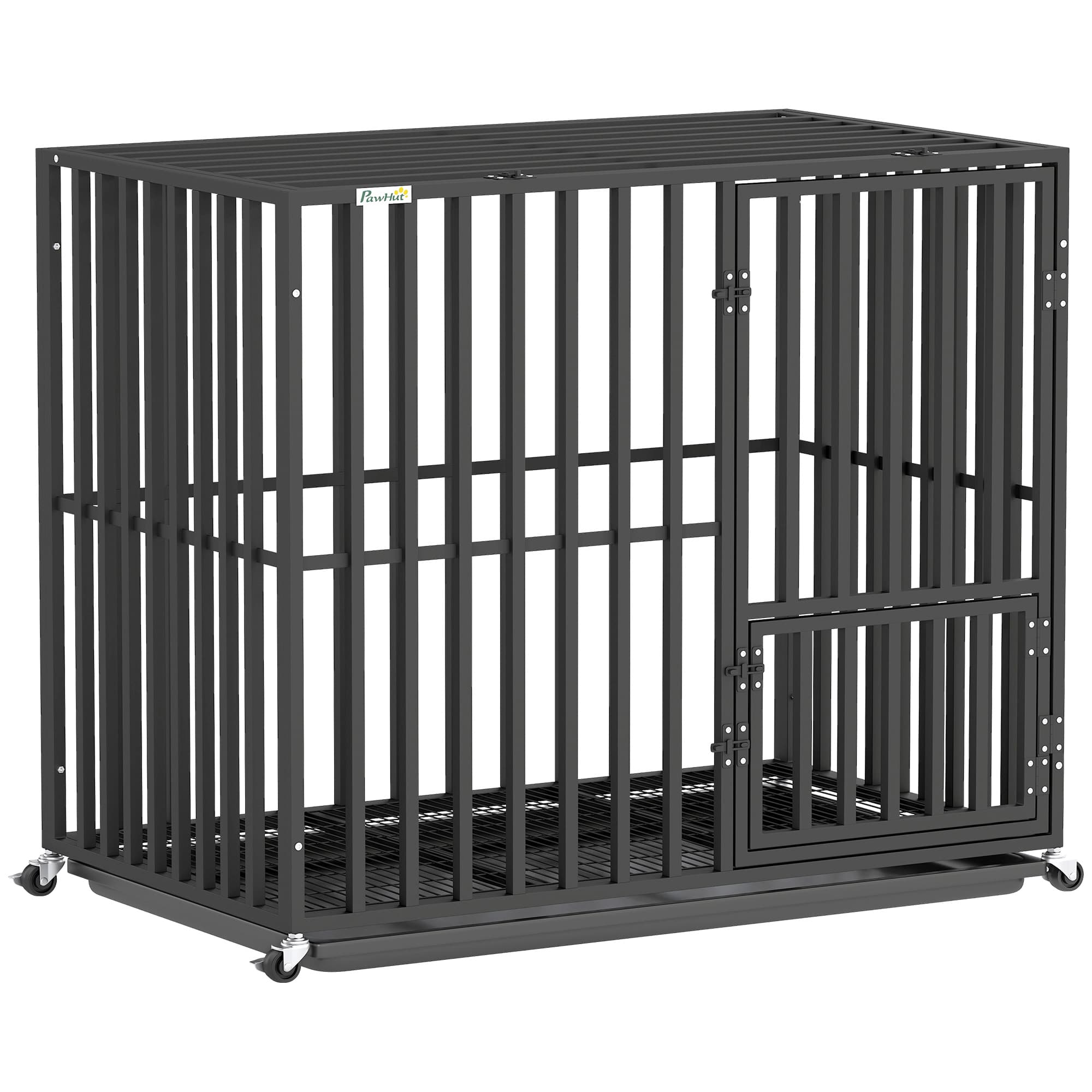 PawHut Heavy Duty Dog Crate, Dog Cage with Wheels for Medium Large Breeds, Metal Pet Kennel with Removable Tray