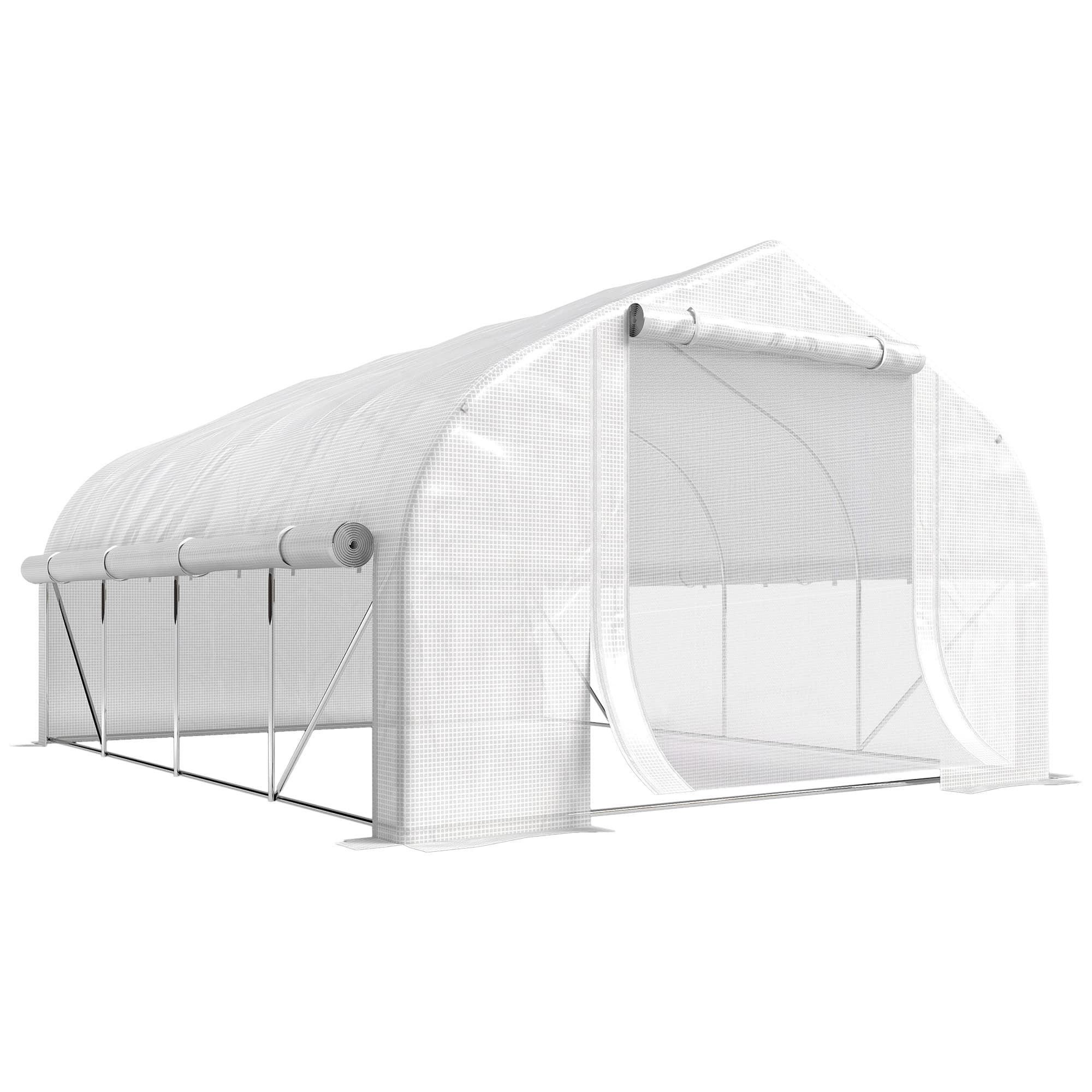 Outsunny 4x3m Walk-in Polytunnel Greenhouse, Zipped Roll Up Sidewalls, Tunnel Warm House Tent w/ PE Cover, Complimentary Plant Labels & Gloves