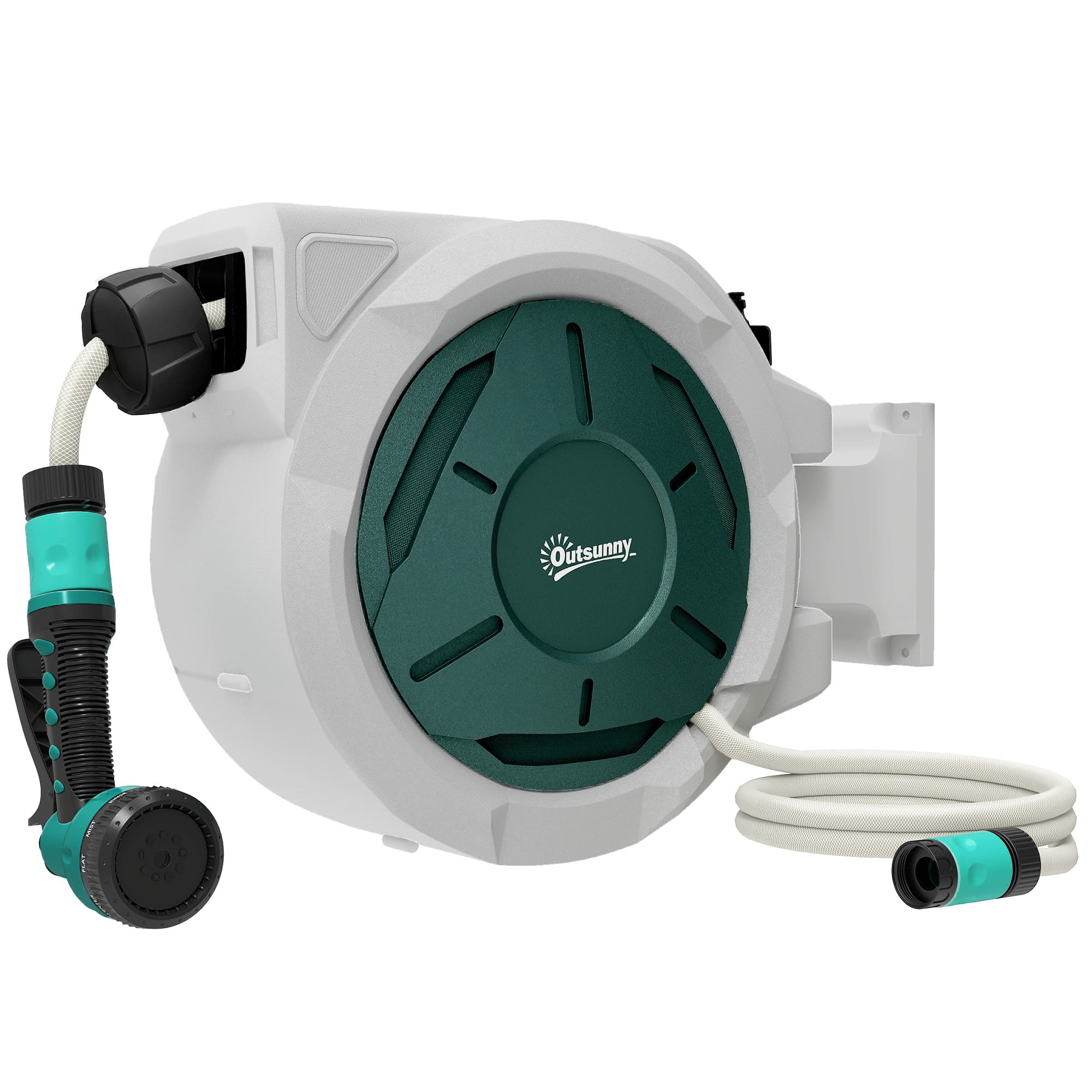 Outsunny Retractable Hose Reel Wall Mounted, 30+2m Garden Hose Pipe Reel with Lock, Auto Rewind, 7 in 1 Spray Nozzle, Outdoor Watering, Grey