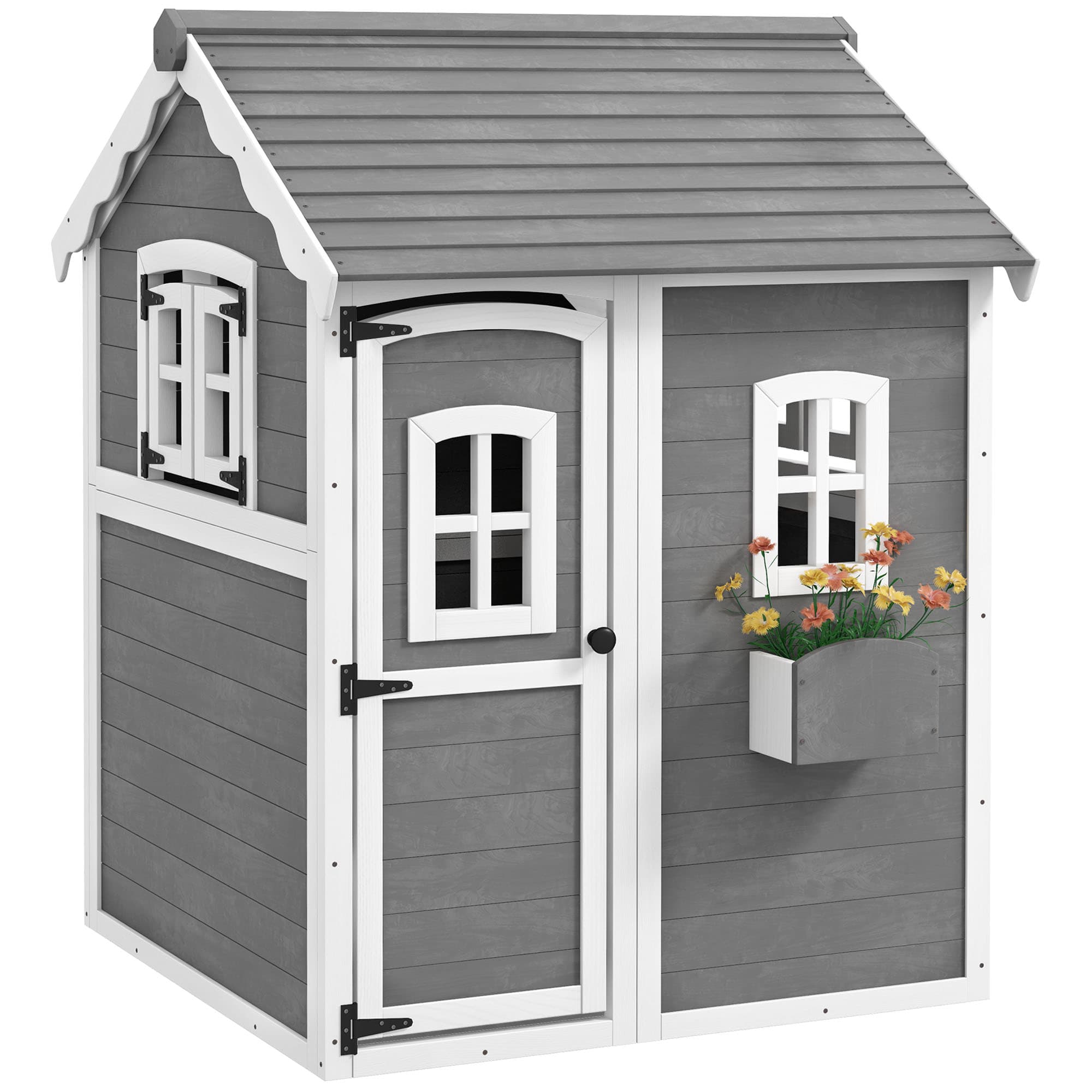 Outsunny Wooden Playhouse for Kids with Doors, Windows, Plant Box, Floors, for 3-8 Years Old, Garden, Lawn, Patio, Grey