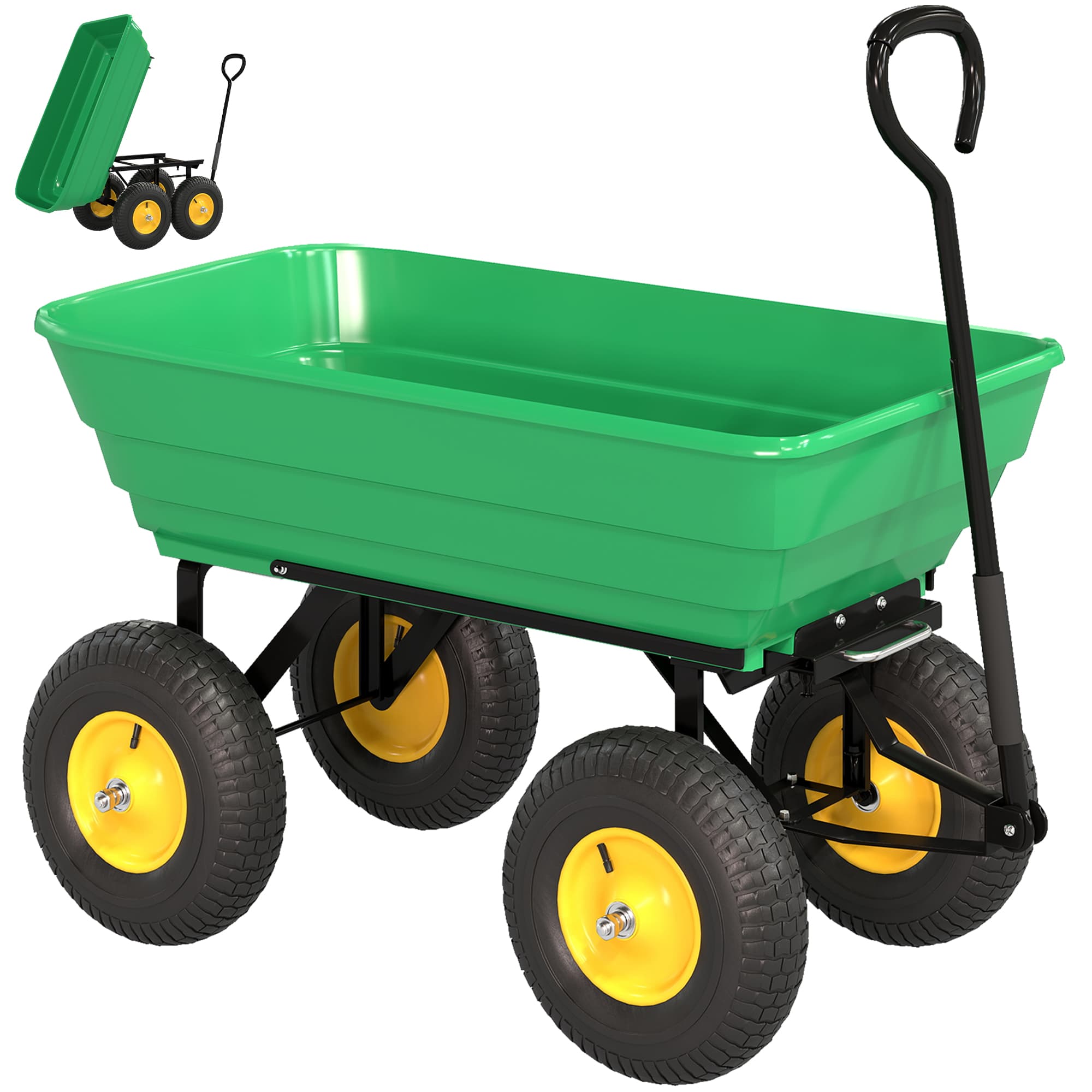 Outsunny 75 Litre Large Garden Cart Heavy Duty 4 Wheel Trolley Dump Wheelbarrow Tipping Truck Trailer - Green | Aosom UK