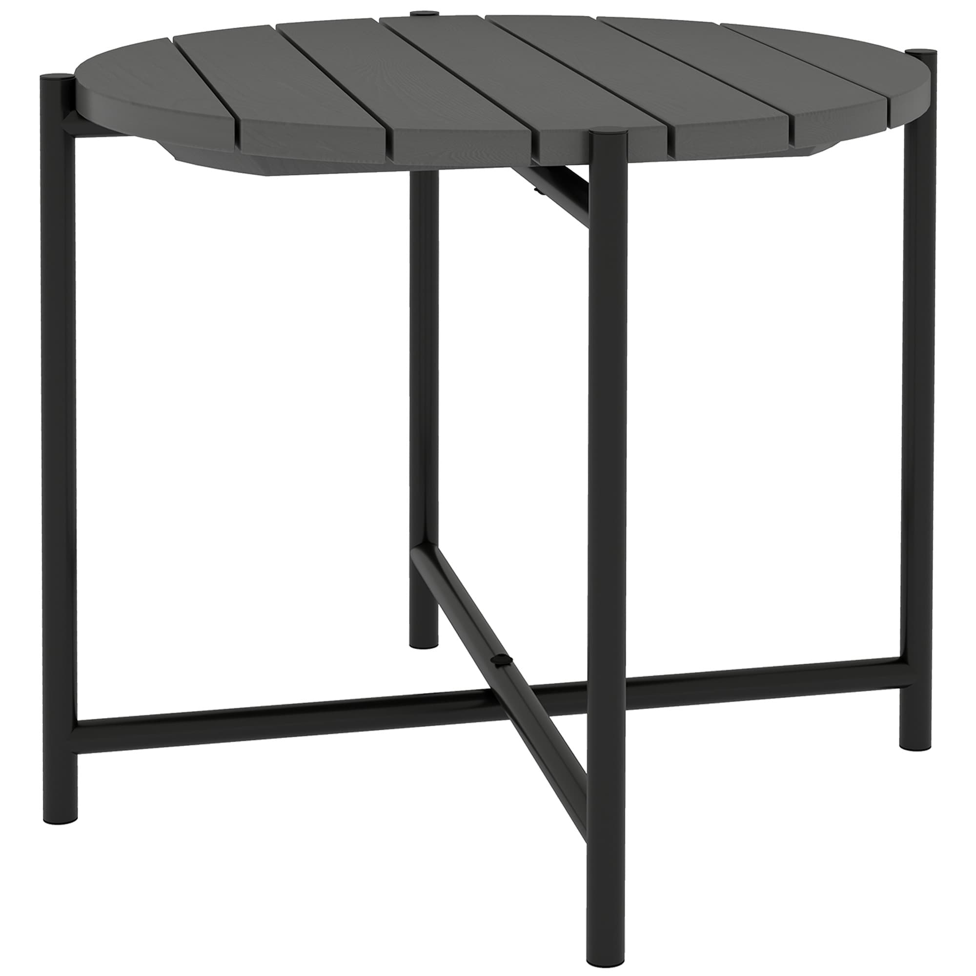 Outsunny 54 cm Round Outdoor Side Table, Industrial Small Garden Table with Slatted Wood Top and Metal Frame, Dark Grey