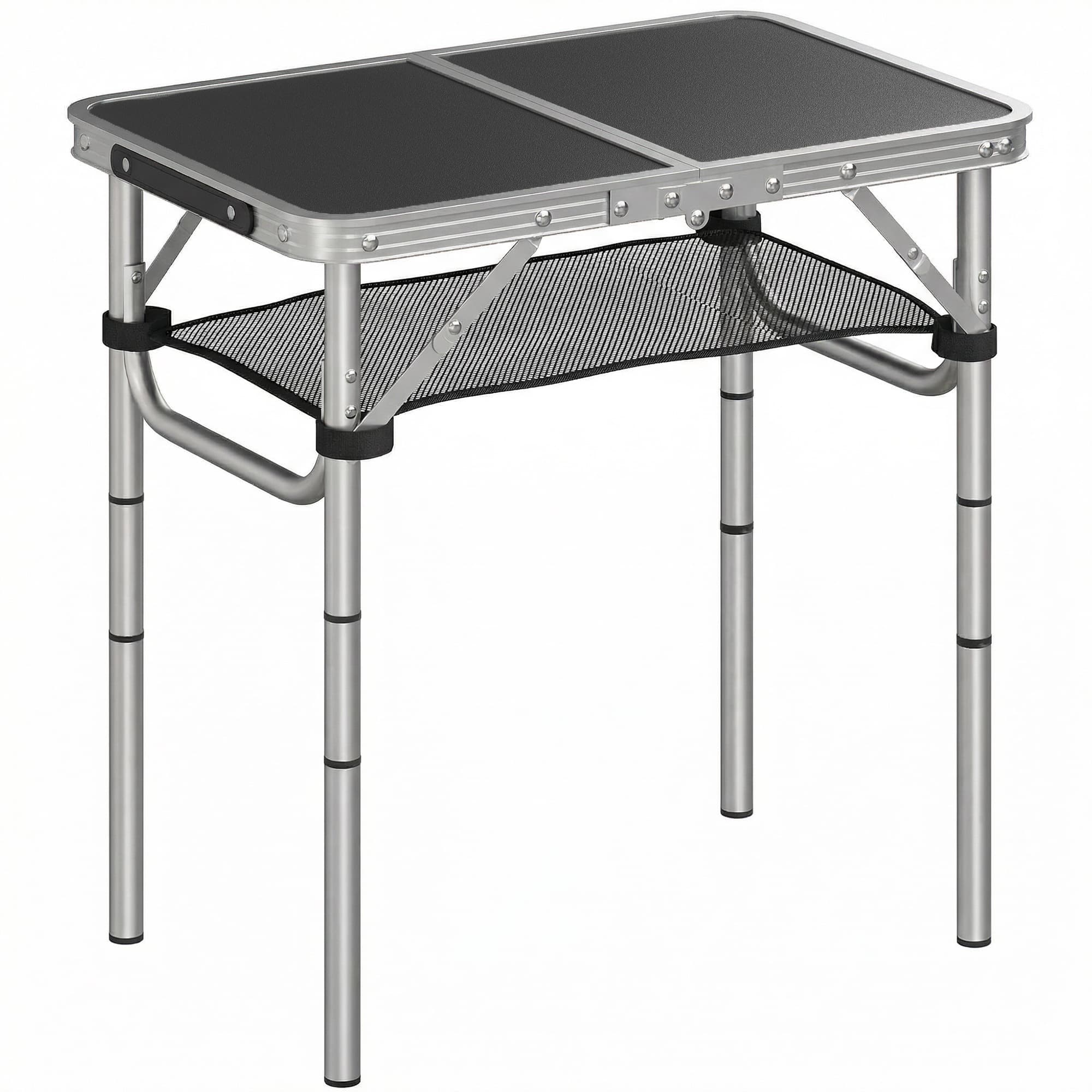 Outsunny 2ft Folding Camping Table, Picnic Table with Mesh Storage Layer, 4 Adjustable Heights and Carrying Handle, Black