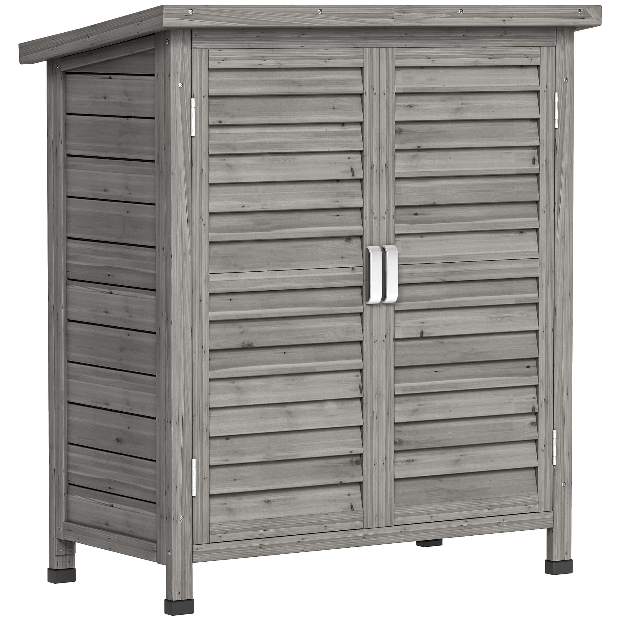 Outsunny Garden Shed Wooden Garden Storage Shed 2 Door Unit Solid Fir Wood Garage Tool Organisation Cabinet, 87L x 46.5W x 96.5Hcm, Grey | Aosom UK