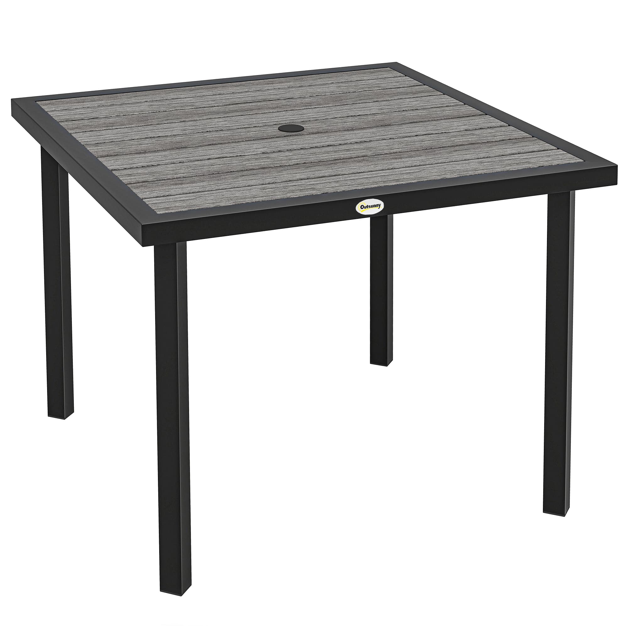 Outsunny Square Garden Dining Table with 5.4cm Parasol Hole, Slatted Top, Metal Frame, 86 x 86 x 71 cm, Light Grey