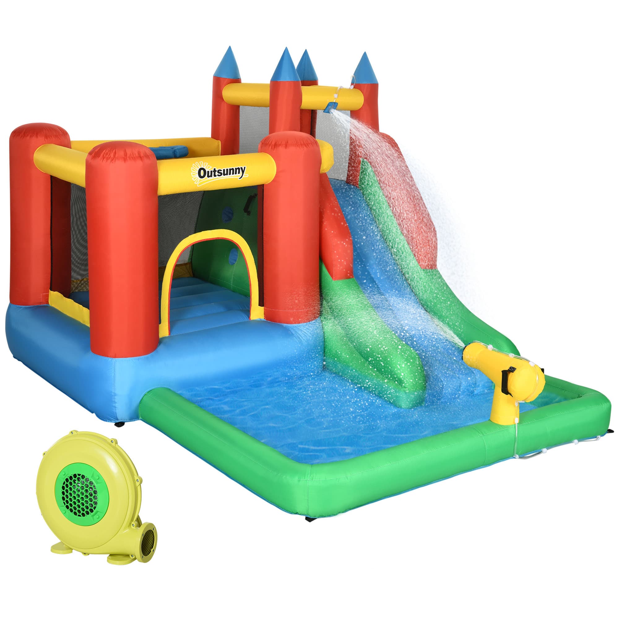 Outsunny Kids Inflatable Bouncy Castle Water Slide 6 in 1 Bounce House Jumping Castle Water Pool Gun Climbing Wall Basket for Summer Playland