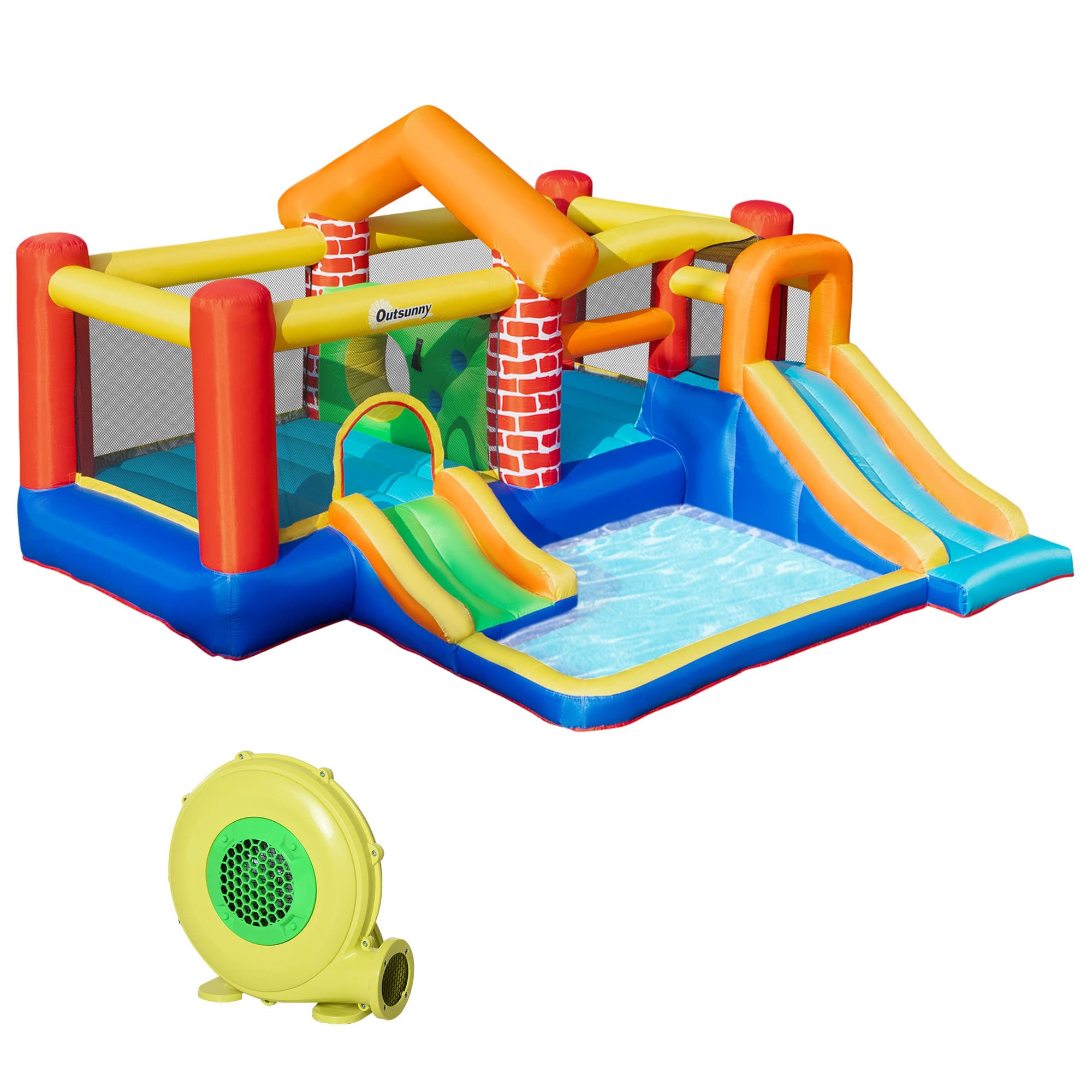 Outsunny 4 in 1 Kids Bounce Castle Extra Large Double Slides & Trampoline Design Inflatable House Pool Climbing Wall for Kids Age 3-8, 3.8x3.7x2.3m